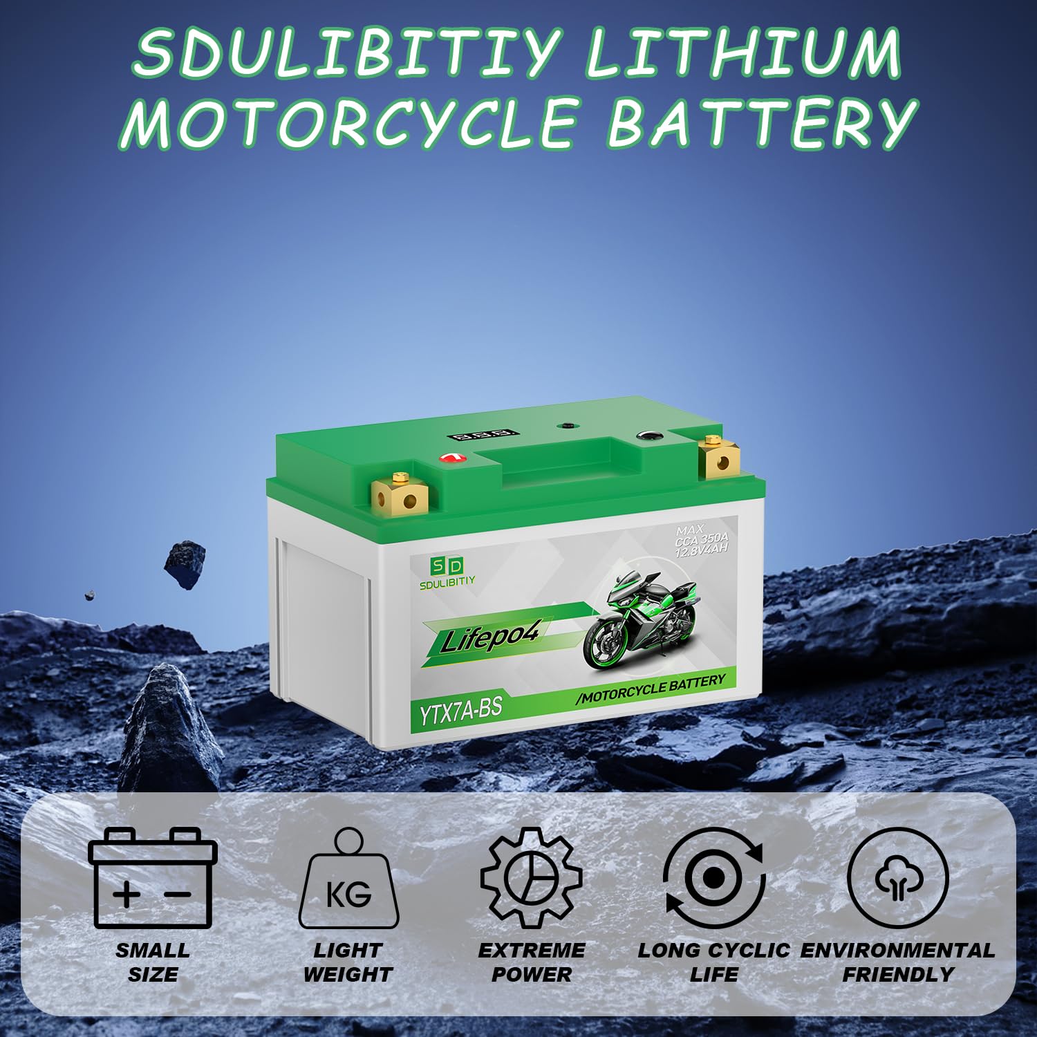 YTX7A-BS Lithium Motorcycle Battery 12.8V 4Ah 350CCA High Performance Lithium Powersports Battery with Smart BMS, Compatible Mot