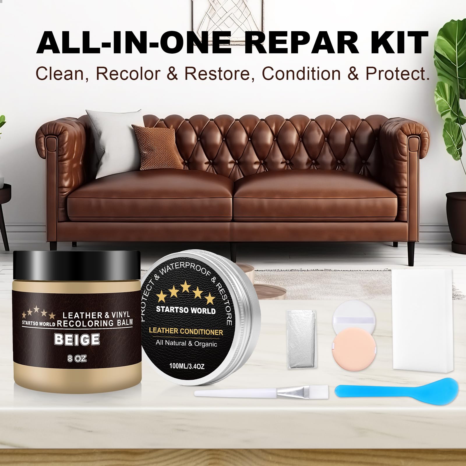 STARTSO WORLD 200Ml Leather Recoloring Balm with 100ML Leather Conditioner, Beige Leather Repair Kit for Furniture, Leather Dye,