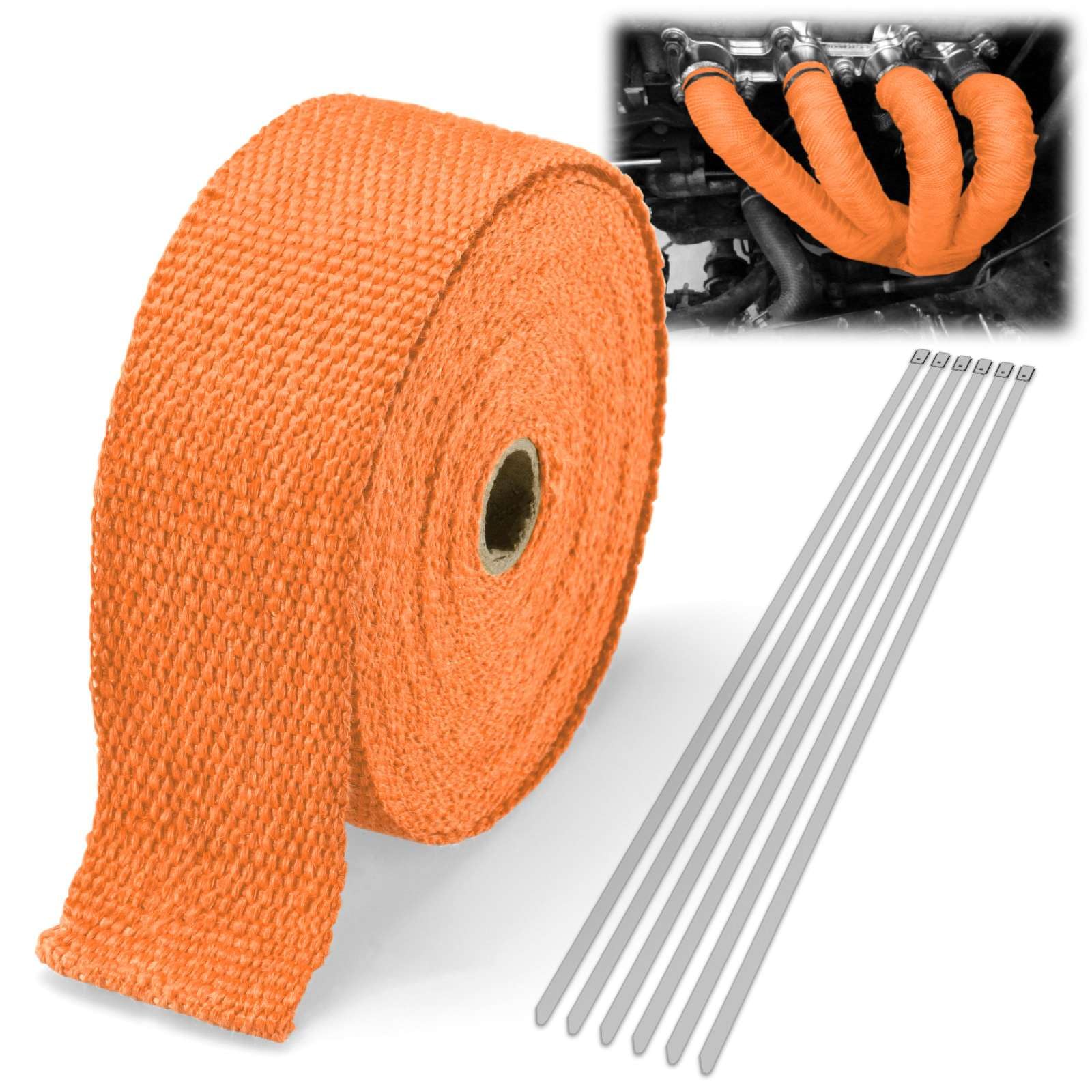 Orange Exhaust Pipe Insulation Thermal Heat Wrap 2' X 50' Motorcycle Header Protection Fiberglass Heat Shield 6X Stainless Ties