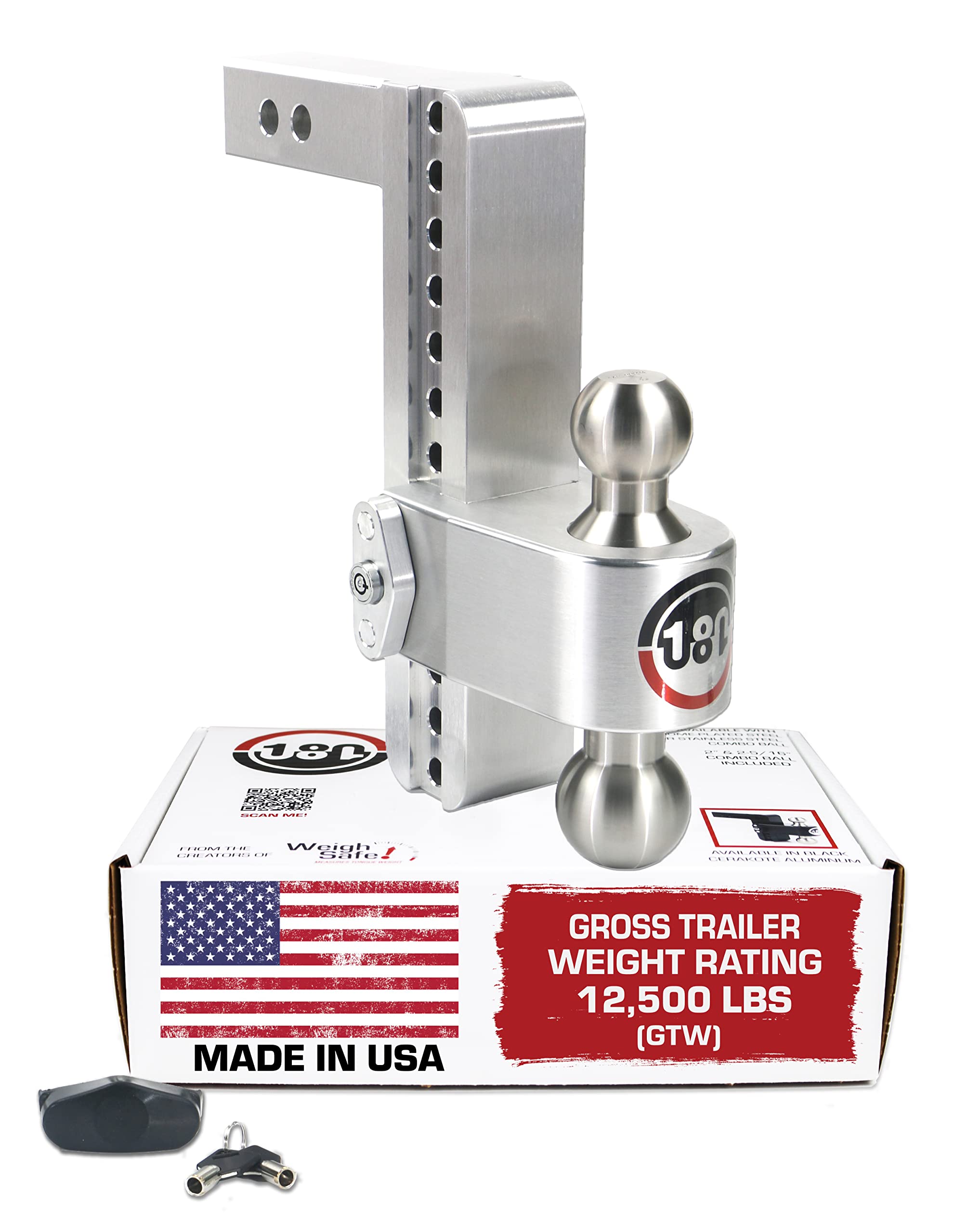 Weigh Safe LTB10-2, 10 Drop 180 Hitch w/ 2 Shank/Shaft, Adjustable Aluminum Trailer Hitch & Ball Mount, Stainless Steel Combo Ba