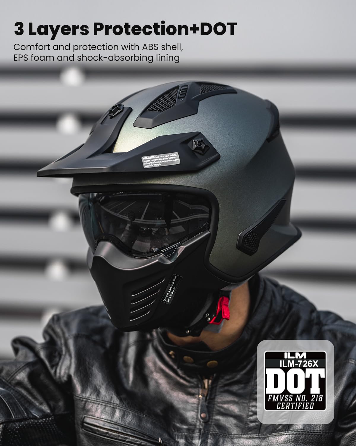 ILM Open Face Motorcycle Helmet 726X, Medium, Polycarbonate, Midnight Green, for Dirt Bike, ATV, UTV, Cruiser, DOT Certified