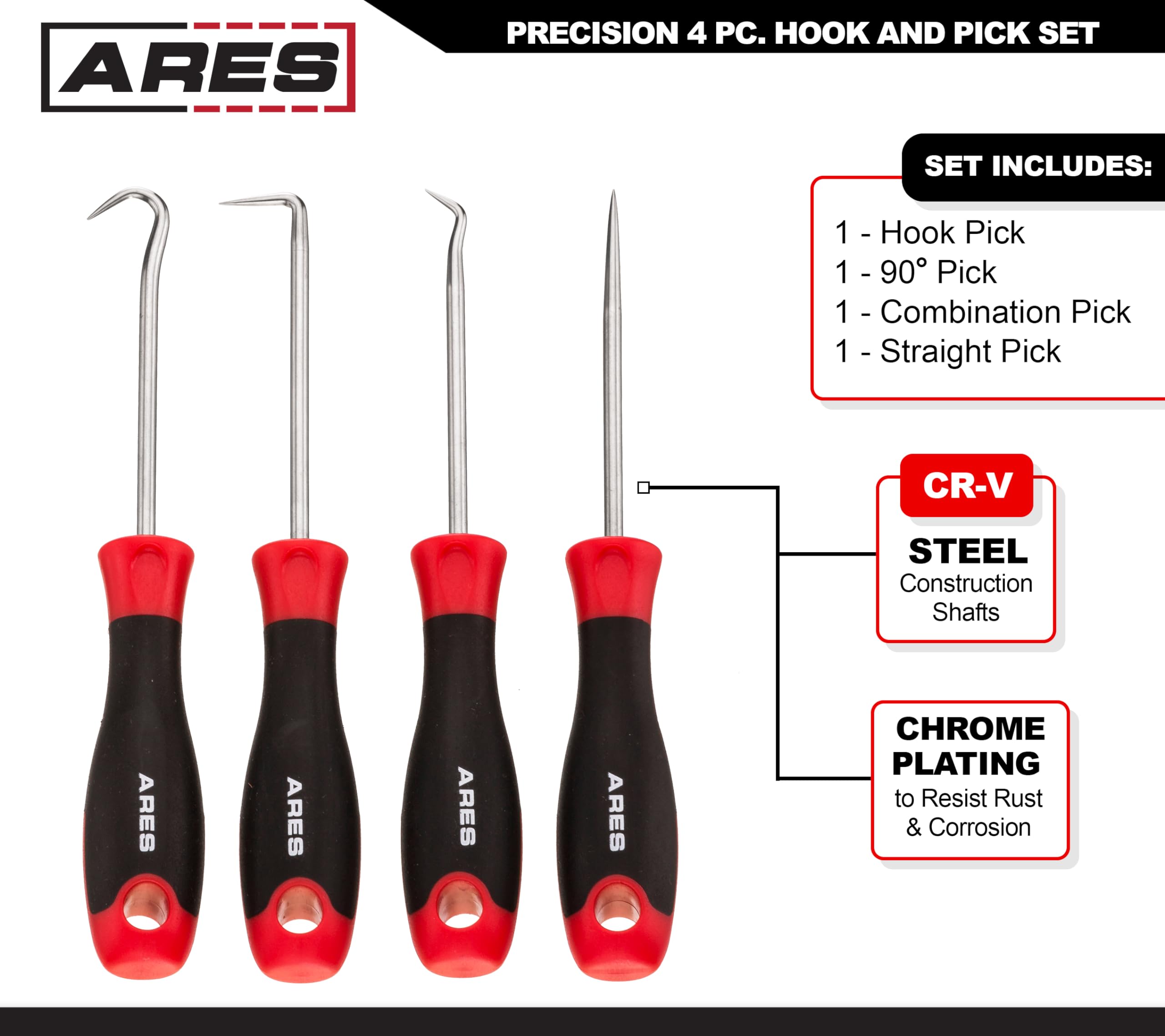 ARES 70256 - Precision Hook and Pick Set - 4-Piece Set Includes Precision 90 Degree, Hook, Combination and Straight Hooks and Pi