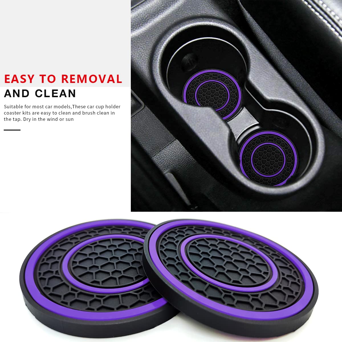 Auprite Car Cup Holder Coasters, 2 Pack Universal Auto Anti Slip Cup Holder Insert Coaster, Car Interior Accessories (Purple)