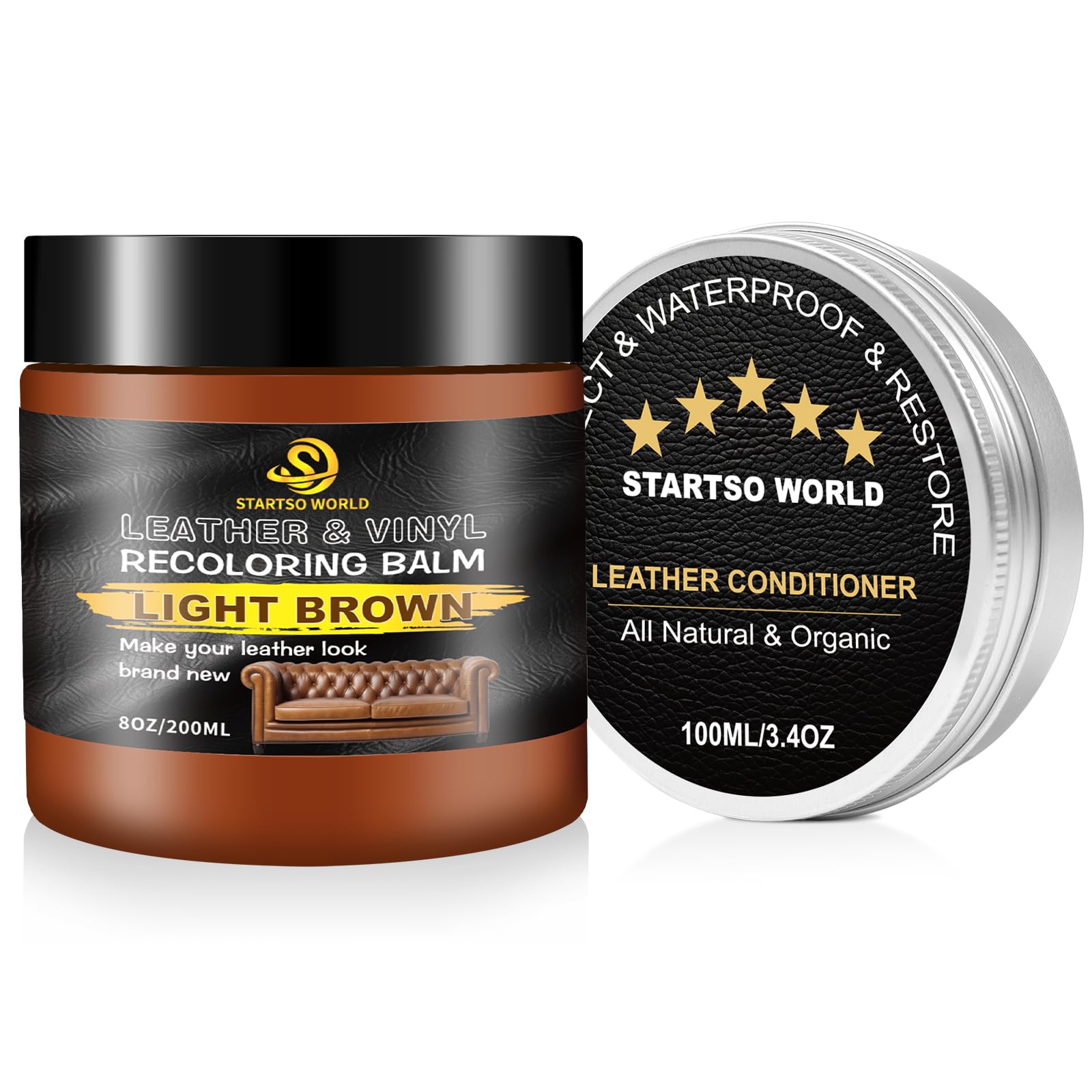 Startso World 200Ml Leather Recoloring Balm With 100Ml Leather Conditioner, Light Brown Leather Repair Kit For Furniture, Leathe