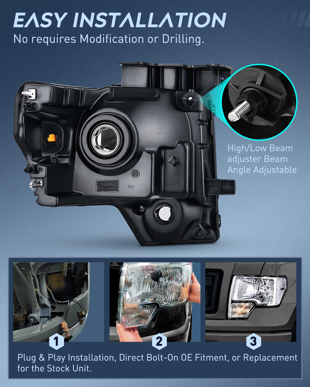 Nilight Headlight Assembly 2009 2010 2011 2012 2013 2014 F150 Chrome Housing Clear Corner Clear Lens Headlamp Replacement Driver