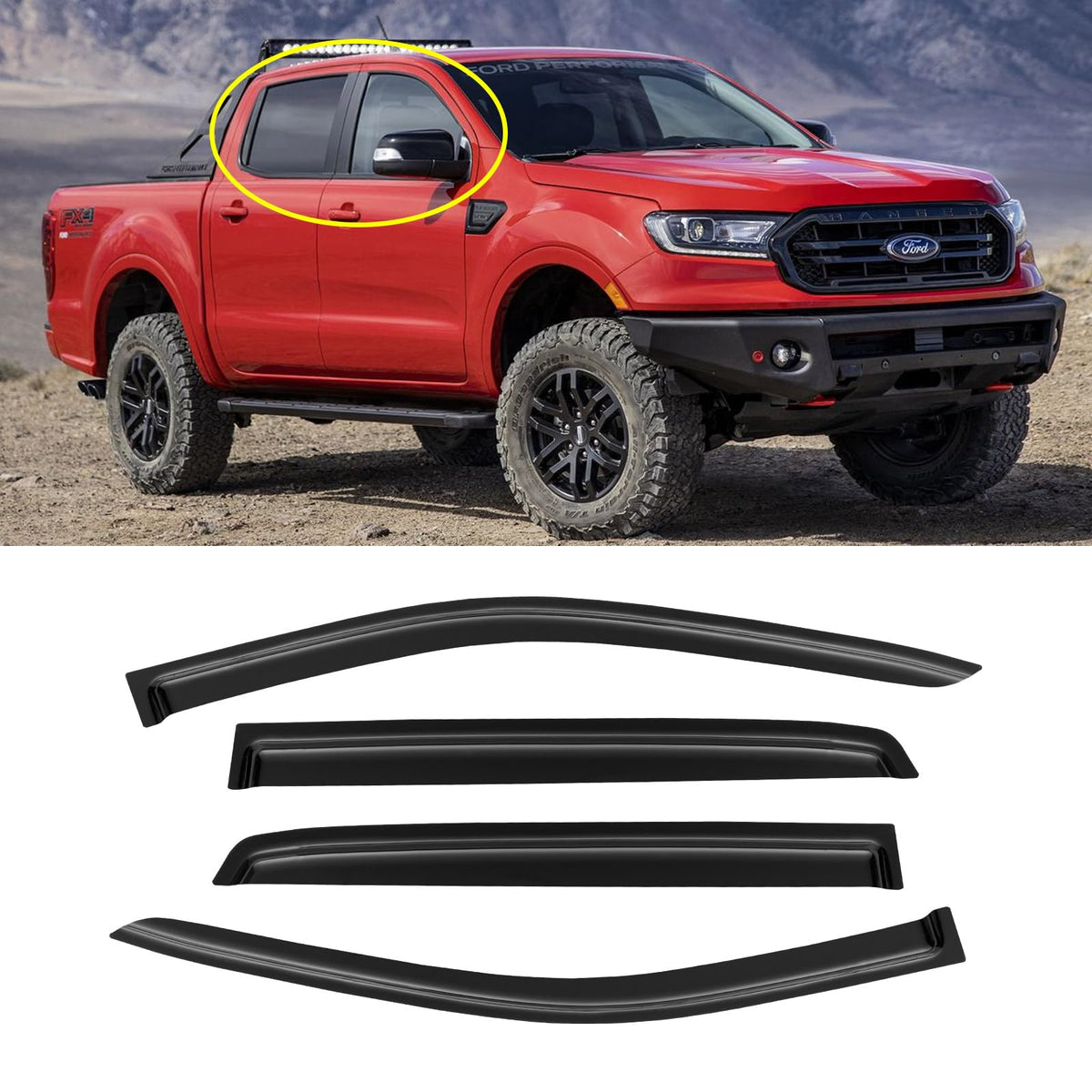 AWVRG Window Rain Guards for Ford Ranger SuperCrew 2019-2024,Tape-on Window Visor Guards Wind Deflectors Vent Rain Shade Visors 