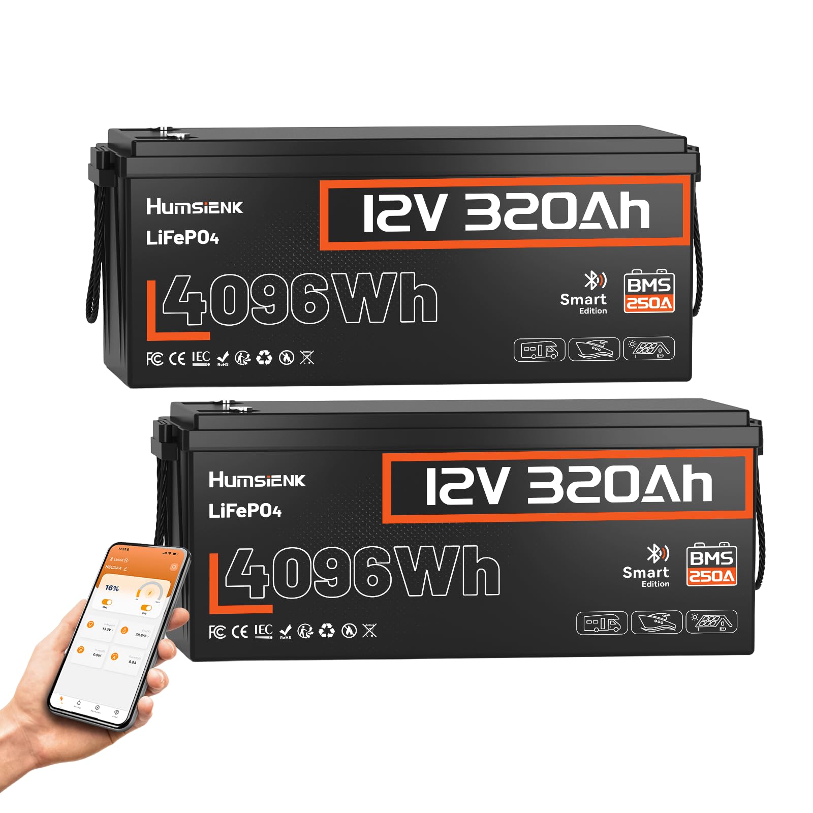HumsiENK 12V 320Ah (2 Pack) LiFePO4 Lithium Battery with Bluetooth, 250A BMS,15000+Cycles 300Ah LiFePO4 Battery, IP65 & Low Temp