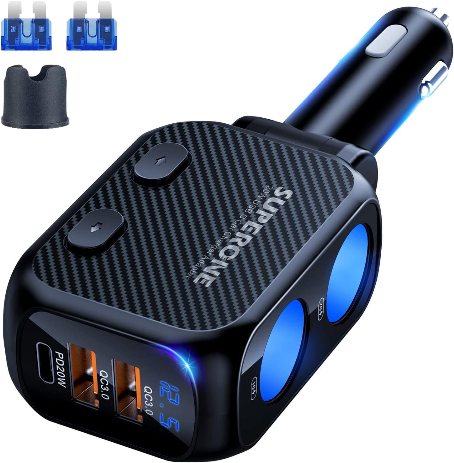 Superone 180W Cigarette Lighter Splitter With 20W Pd, 2-Socket Cigarette Lighter Adapter, Fast Usb C Car Charger With Type-C 20W