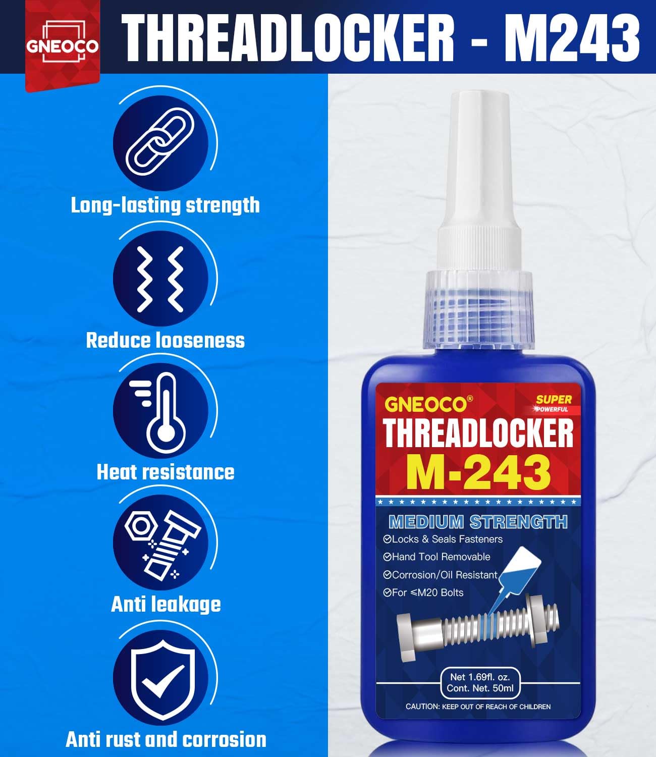 Threadlocker Blue 243 1.69 Fl Oz/50 Ml, Thread Lock Medium Strength Lock Tight For Nuts, Bolts, Fasteners And Metals, Anaerobic
