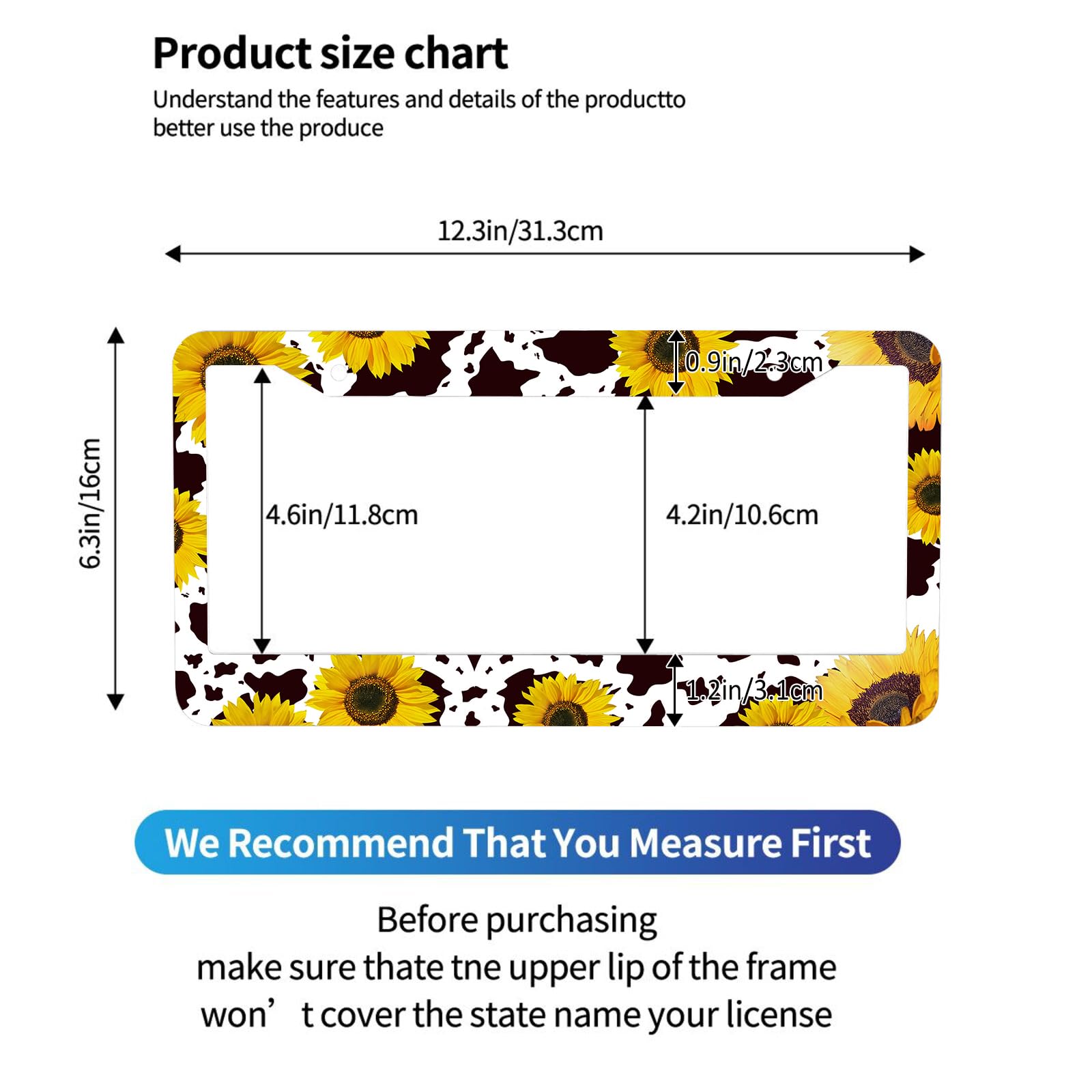 2 Pcs Sunflower Cow Print License Plate Frame Brown Cow Patten Car Tag Frame License Plate Holder Auto Tags Cover 2 Holes Screws