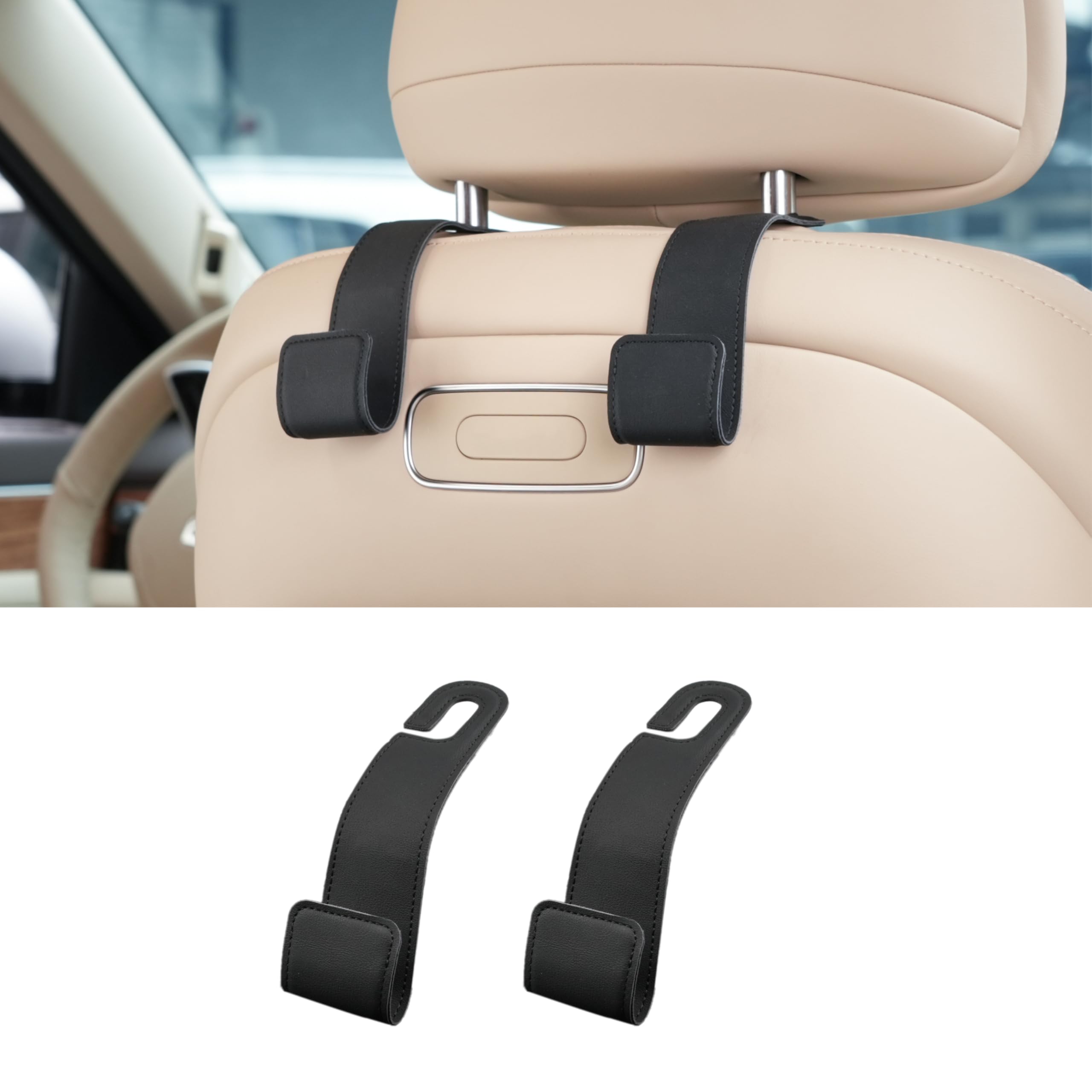 IRROMI Car Seat Hooks - 2 Pack Upgraded Leather Headrest Hooks for Hanging Purse and Bag, Car Organization Accessories (Black)