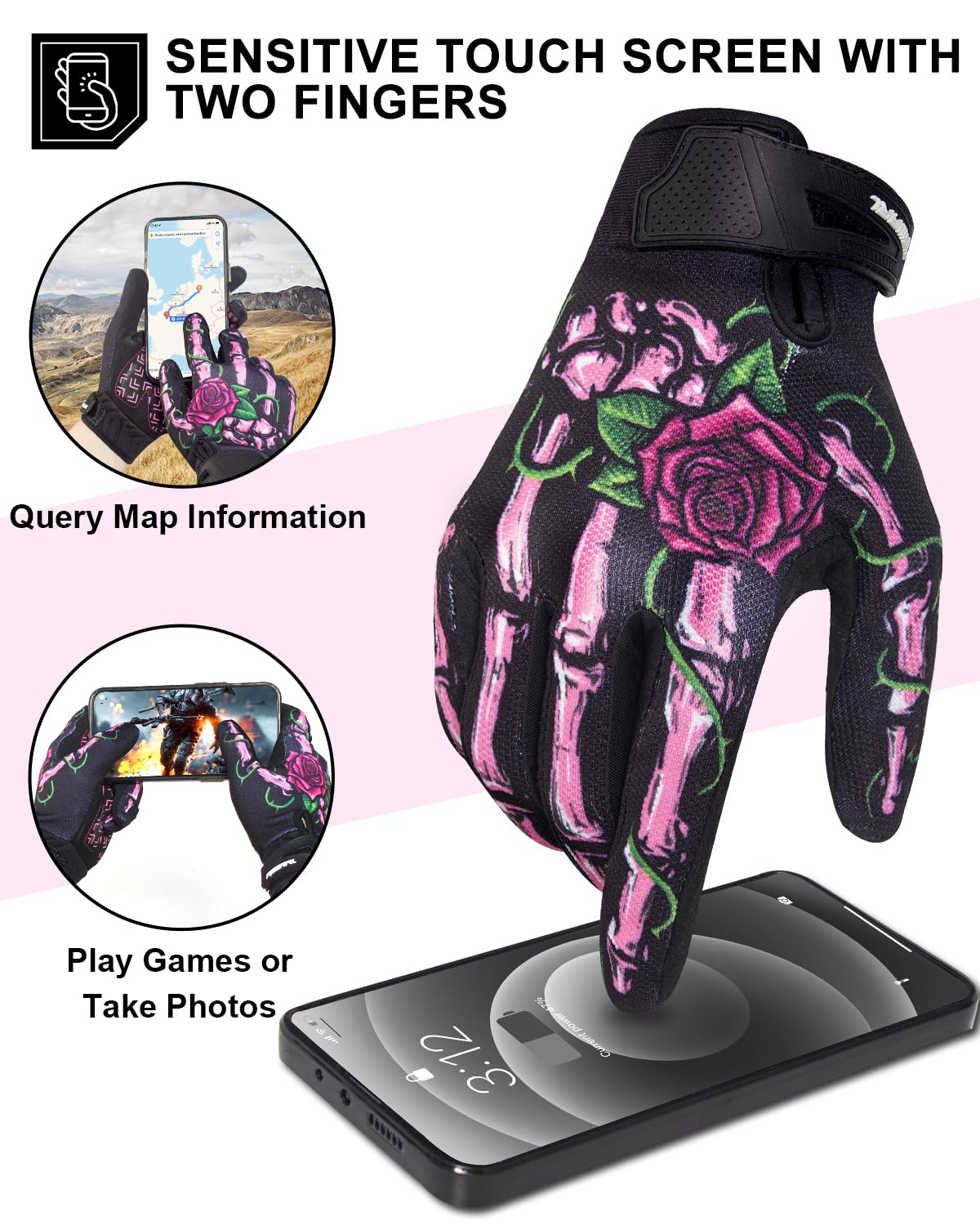 Rigwarl Motorcycle Gloves Women Touchscreen, Breathable Pink Skeleton Bike Glove Non-Slip, Designed Riding Gloves Motorcycle Wom