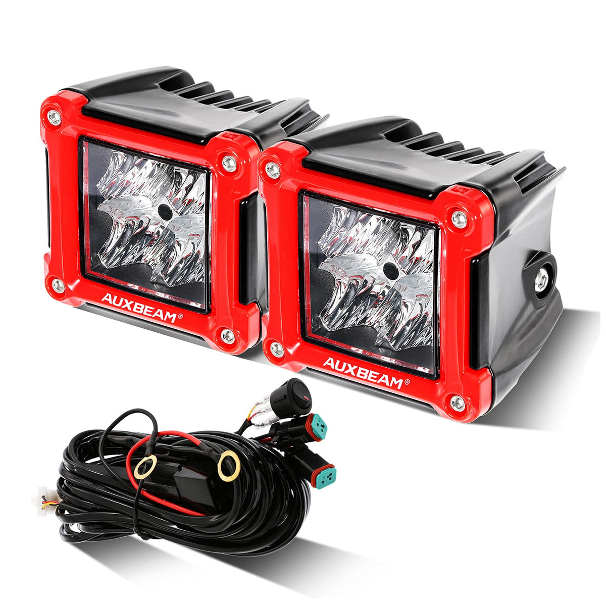 Auxbeam Fa Series Flood Beam 3 Inch 40W Cube Led Pods, Red Shell Ditch Light Bar 4800Lm, Off-Road Driving Hood Lights For 4Wd Je