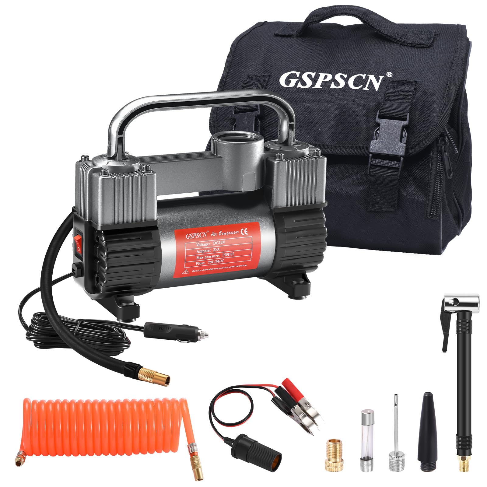 Gspscn Tire Inflator Heavy Duty Double Cylinders, Portable Metal Dc 12V Air Compressor, 150Psi Tire Pump With Adapter For Car, T