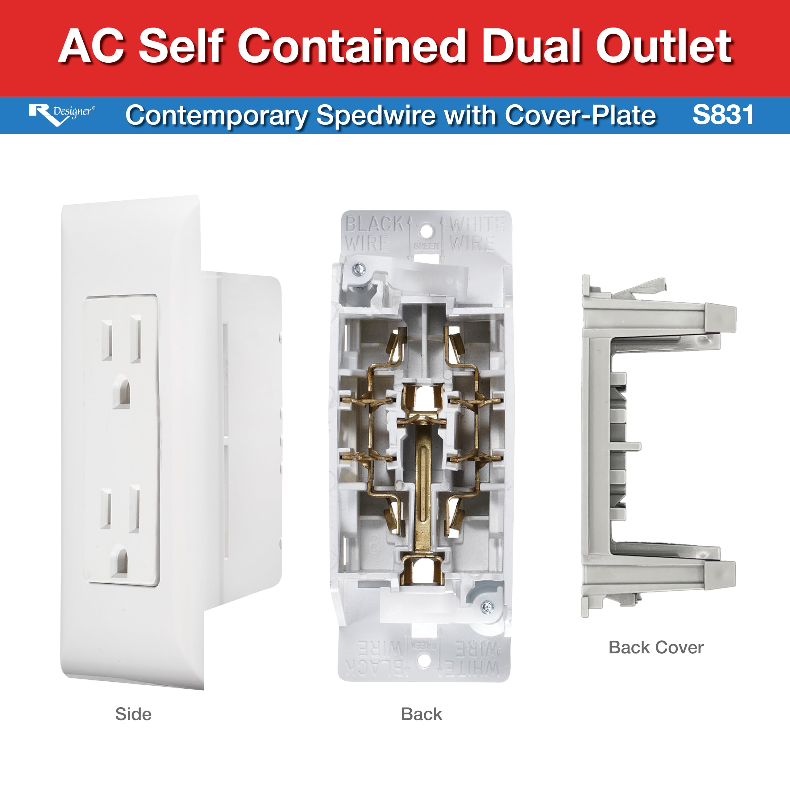 Rv Designer S831, Ac Contemporary Dual Outlet, Self Contained, Speedwire With Cover-Plate, White
