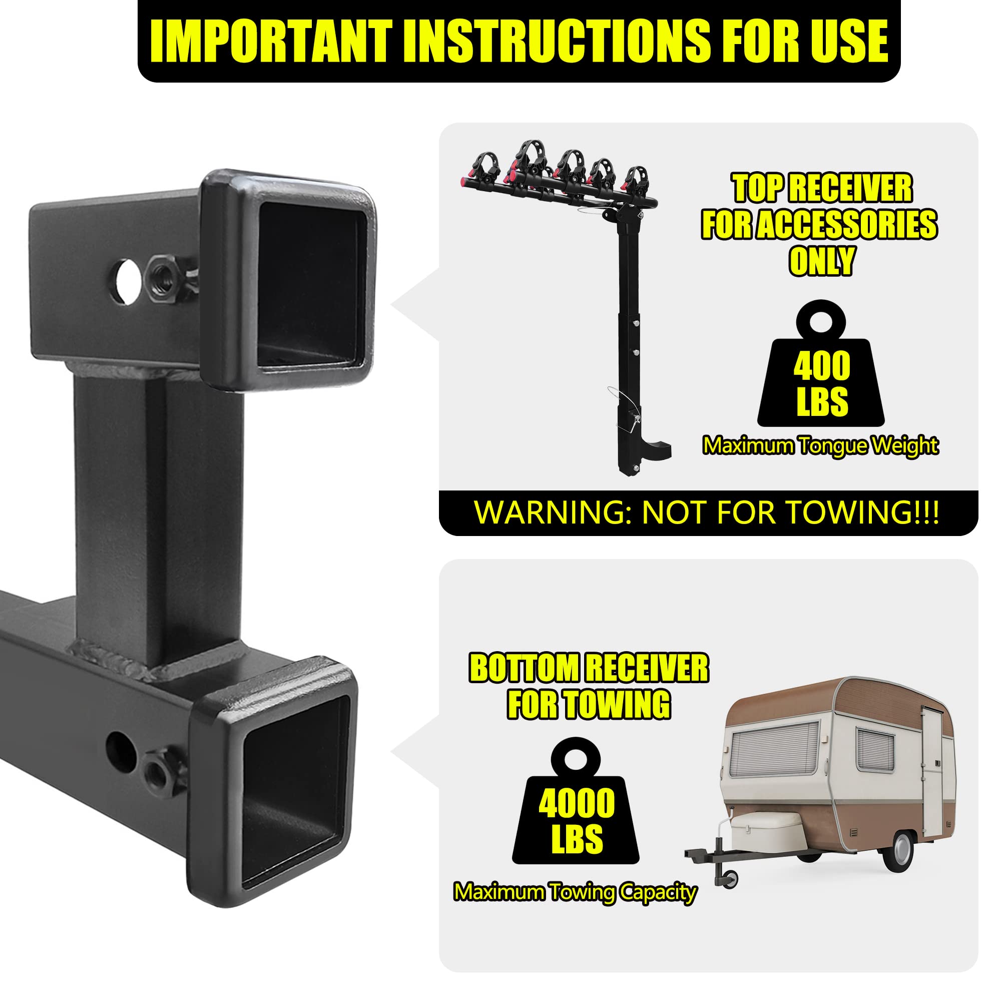 Kairay Double Hitch Receiver 2 Inch Trailer Dual Hitch Extension Riser Adapter Fits 2 Inch Receiver Extender To 10 Inch Max Leng