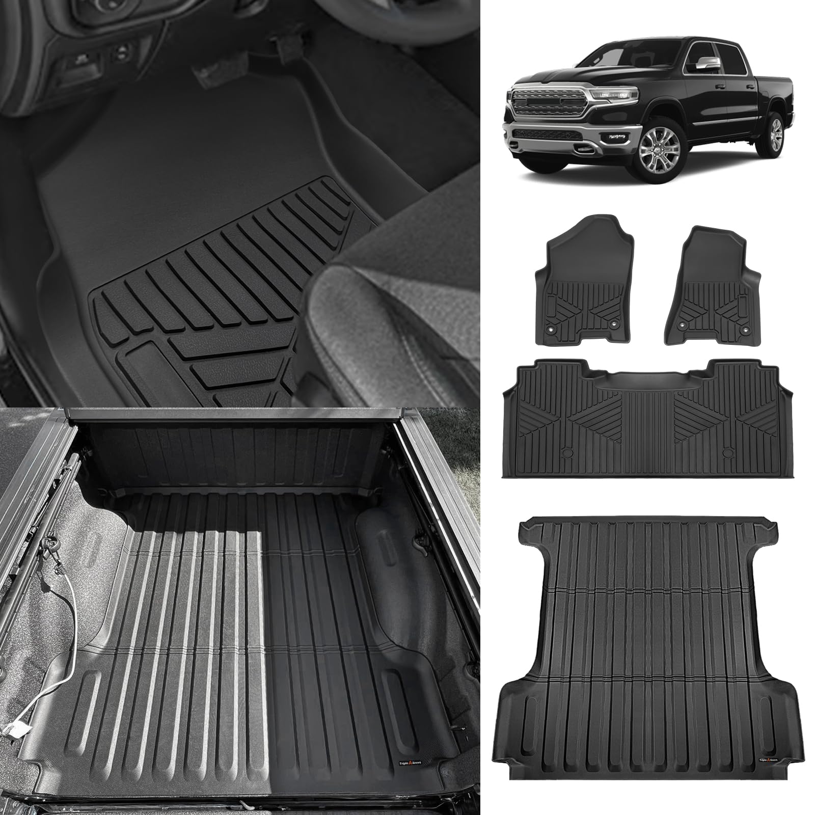 Triplealiners Truck Bed Mat & Floor Mats Front Rear Full Set Compatible With 2019-2025 Ram 1500 Accessories All Weather Tpe Line