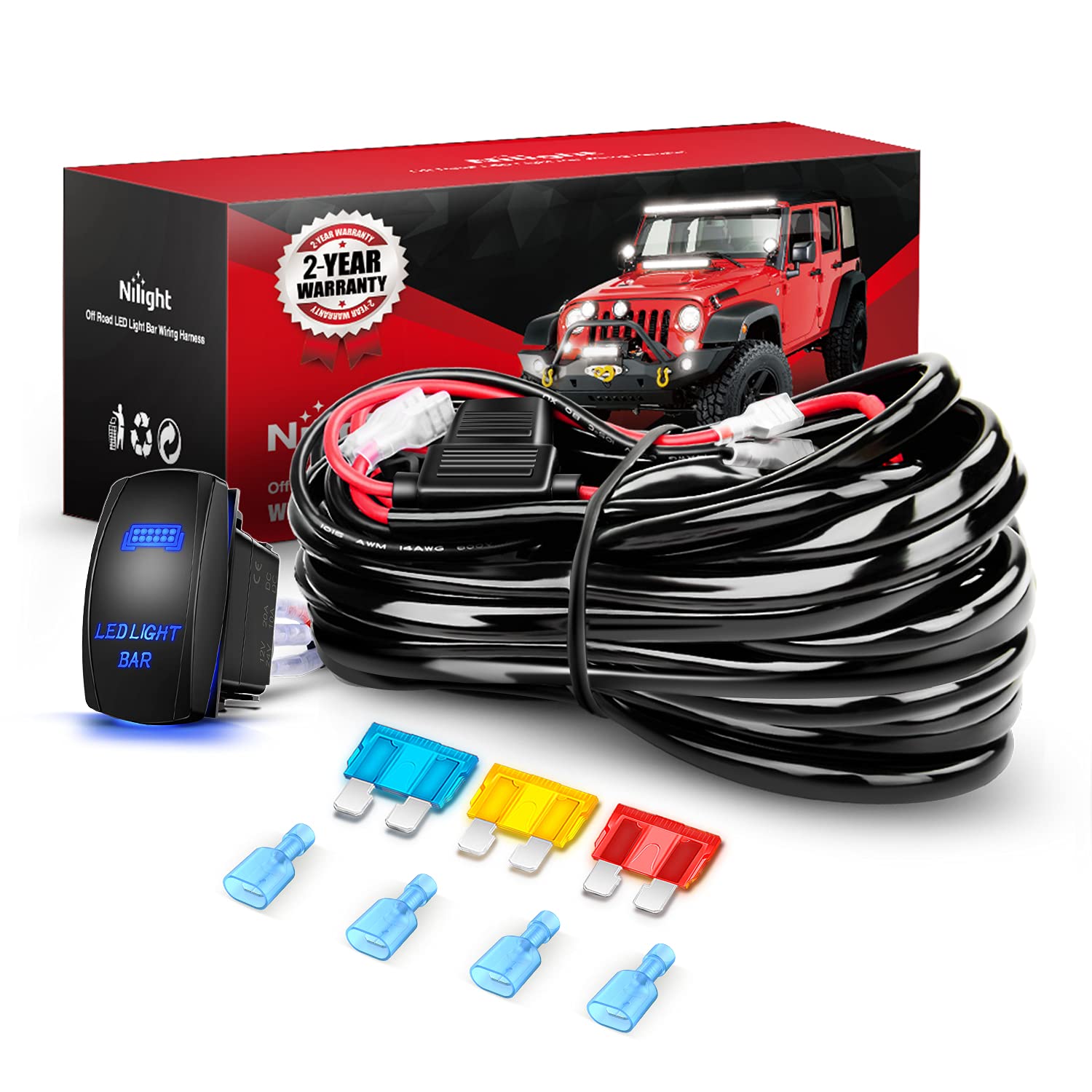 Nilight - 10015W - Ni-Wa 09 Led Light Bar Wiring Harness Kit 14Awg Heavy Duty 12V 5Pin Rocker Switch Laser On Off Waterproof Swi
