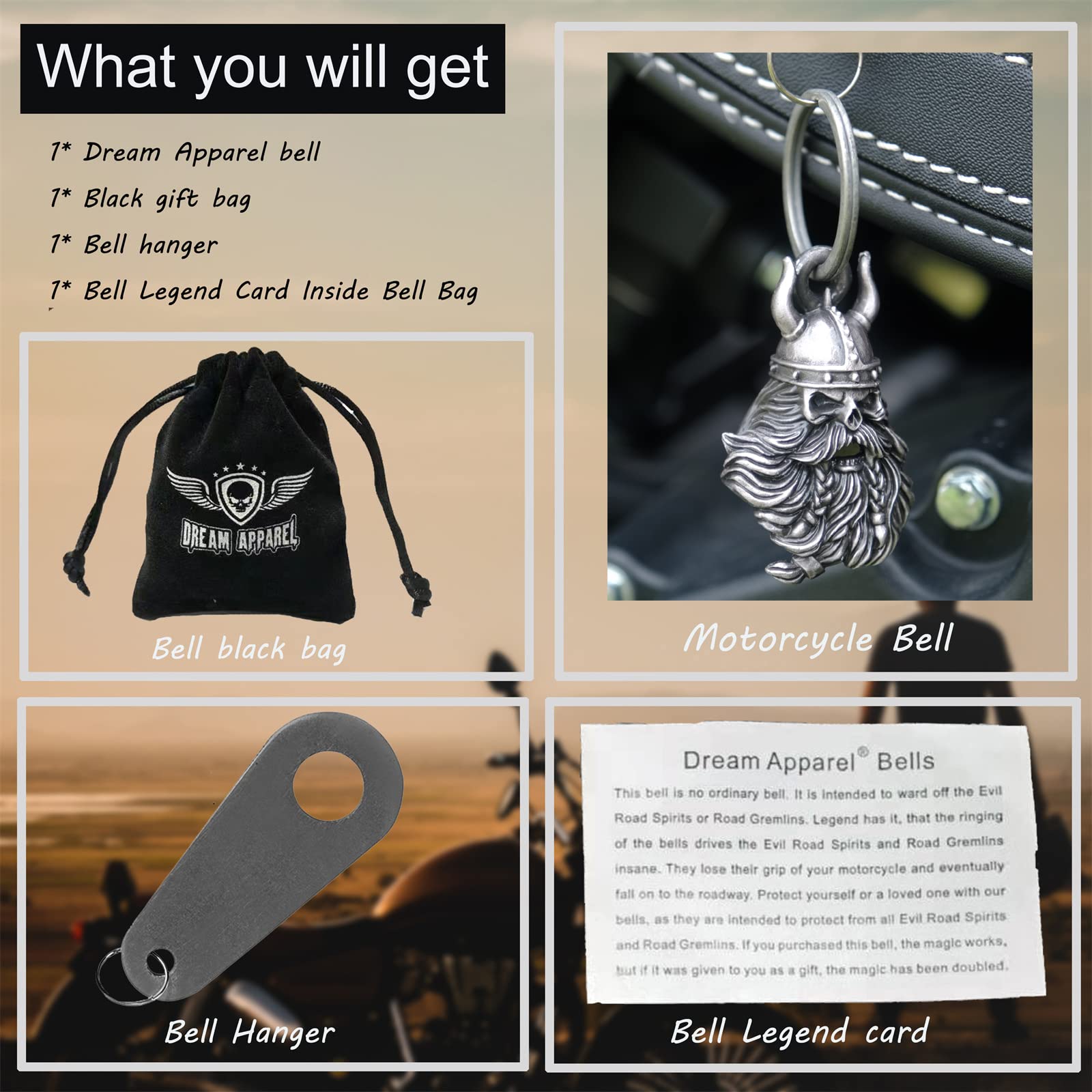 Dream Apparel Motorcycle Bells For Bikers,3D Rider Bells With Hanger Biker Bells Key Chain For Luck