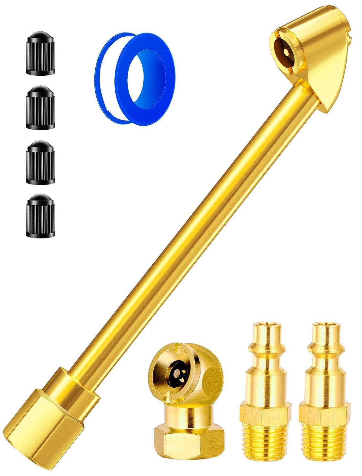 Lumiteco Heavy Duty Dual Head Air Chuck Set, Closed Ball Tire Chuck & 1/4'' Npt Male Quick Plug & 4* Valve Caps, No Air Leakage