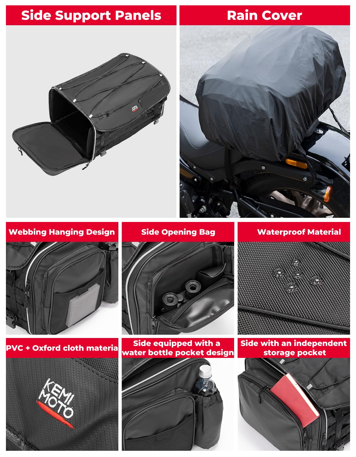 KEMIMOTO Motorcycle Tail Bag, Dual Use Motorcycle Rear Seat Bag with Waterproof Rain Cover, 50L Expandable Motorbike Helmet Bag