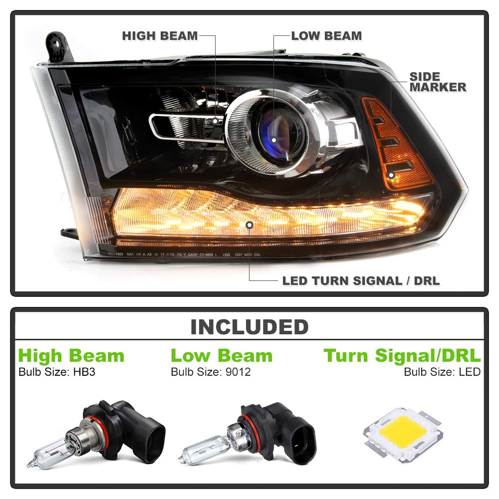 Acanii - For [Oe Projector Style] 2013-2015 Dodge Ram 1500 2500 3500 W/Black Trim Headlight Headlamp Left Driver Side