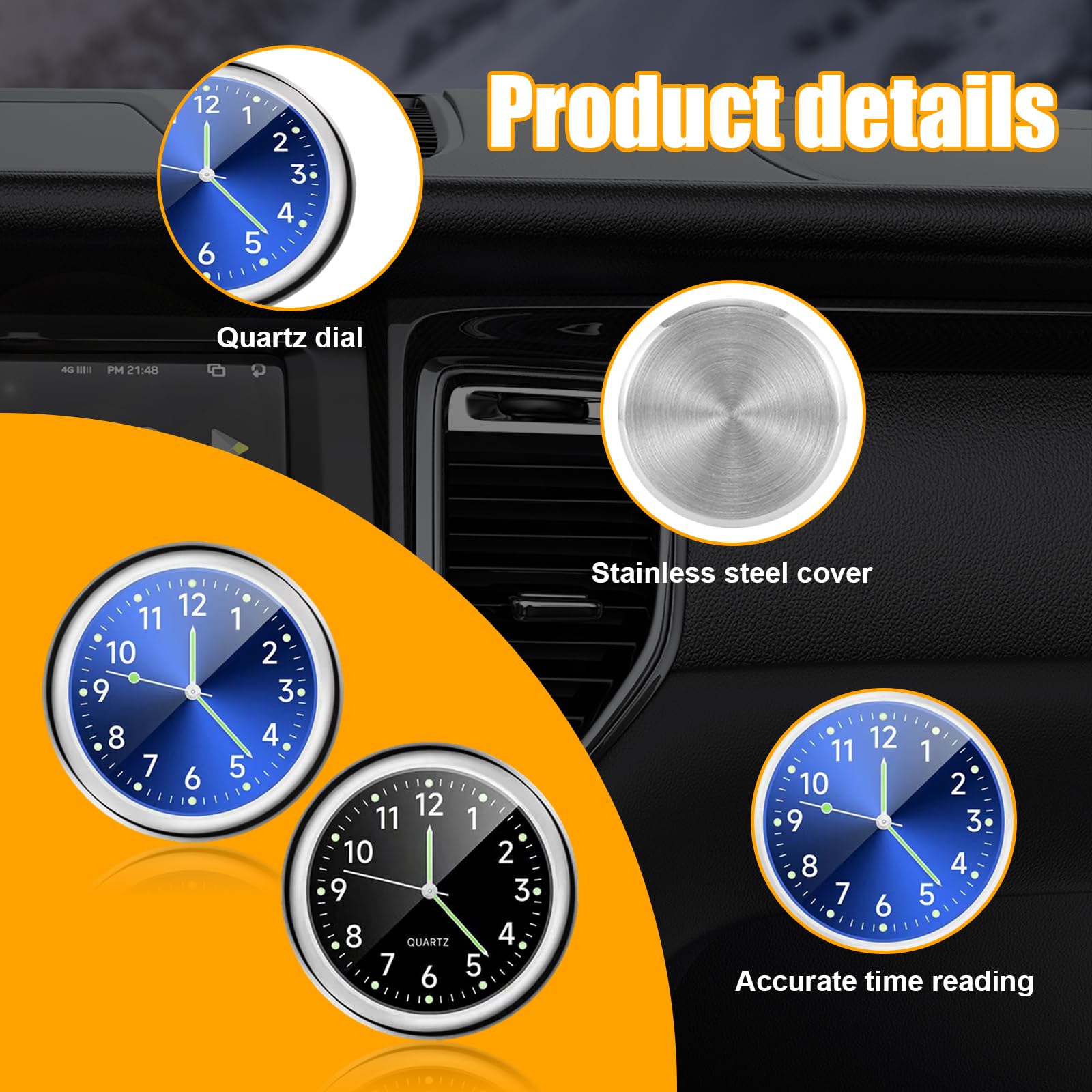 Dickno 2 Pcs Stick On Dashboard Car Clock, Mini Tiny Analog Quartz Luminous Air Vent Clocks, Self Adhesive Automotive Vent Clock