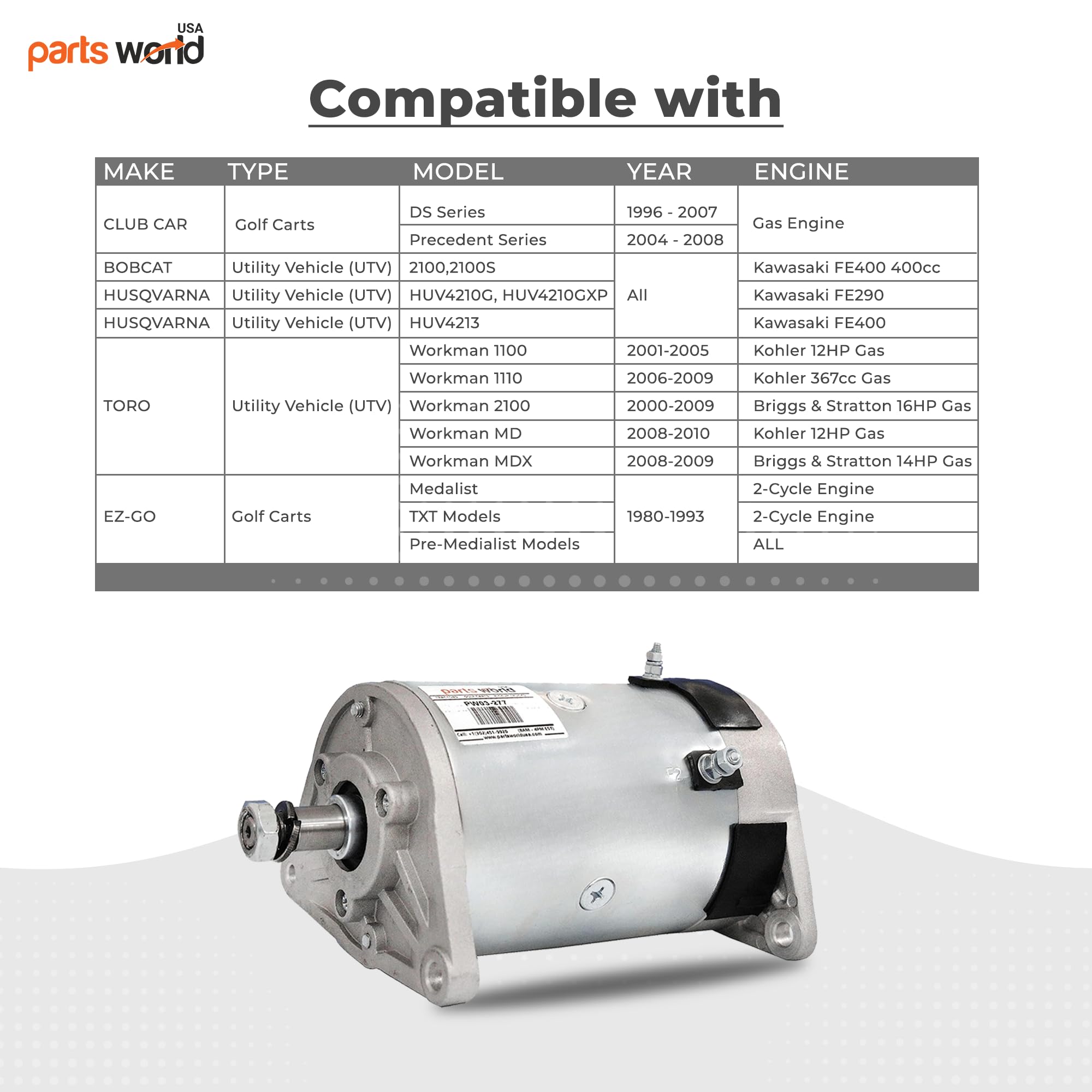 PARTS WORLD USA 12V Starter Generator for Club Car DS 1996-2007 Golf Cart | EZ-GO Golf Cart TXT Models 1980-1993|1018337-01 1018