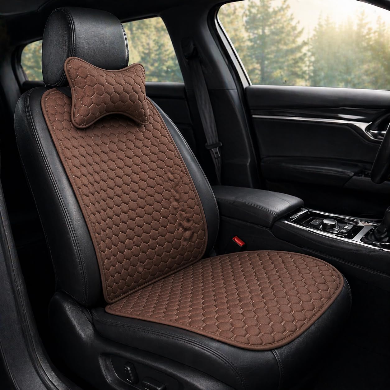 Litenyx 3in1 Car Seat Cover for Driver Set with Neck Pillow Breathable Cotton Linen Protector Car Mat Universal FIt AntiSlip 