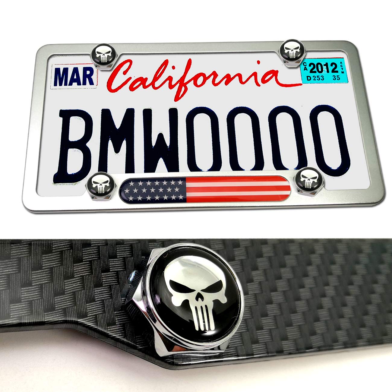 Aootf License Plate Screw Bolt Caps- Logo Billet Metal Car License Plate Bolts Frame Screw Cover With Black Skull Sticker, License Plate Frame Security Fastener Kit With Anti-Rattle Foam Pads