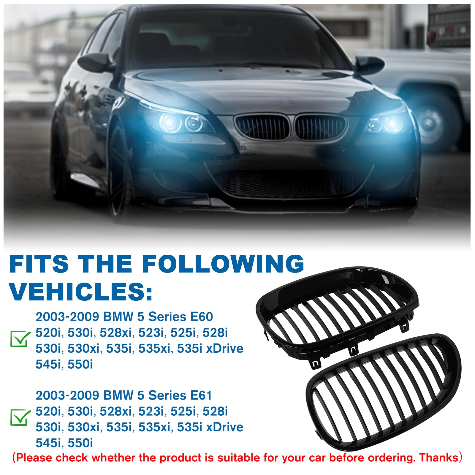Billdio E60 Grille - Black Kidney Single Slats Grill Compatible With Bmw 5 Series E60 E61 2003-2009 520I 523I 525I 528I 530I 535