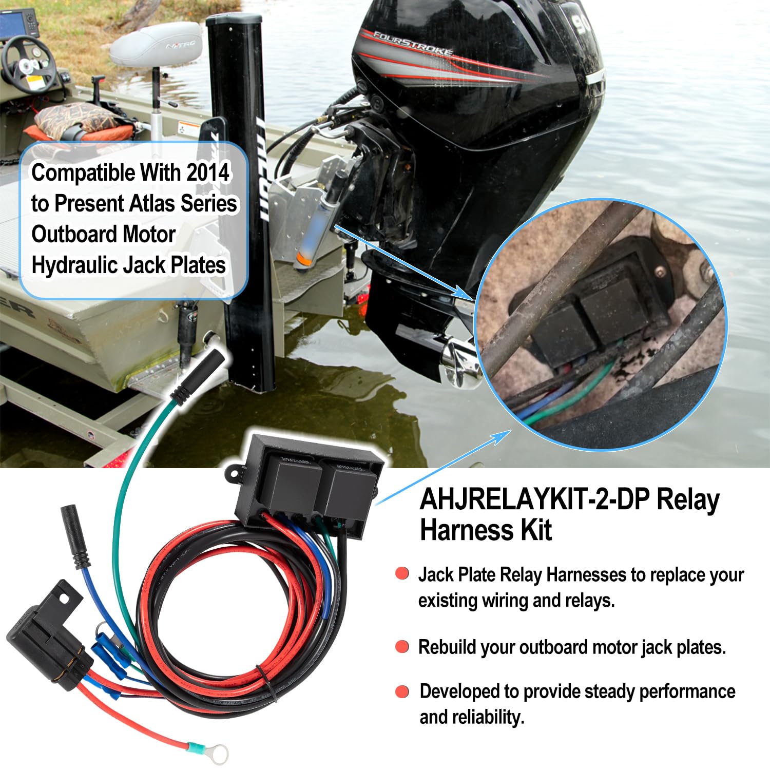 AHJRELAYKIT-2-DP Relay Harness Replacement Fit for Atlas Outboard Motor Hydraulic Jack Plates from 2014 to 2025, Replace for AHJ