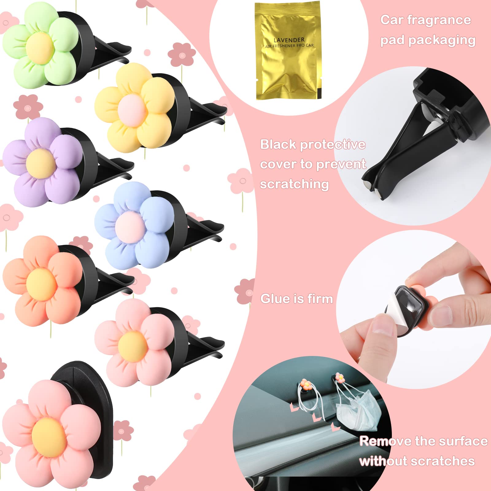 Tallew 12 Pcs Daisy Air Vent Clips Hook, Cute Flower Car Fresheners Charms Diffuser Clip Adhesive Hook Boho Accessories Interior Decor For Girls Women, Blue,Green,Orange,Pink,Purple