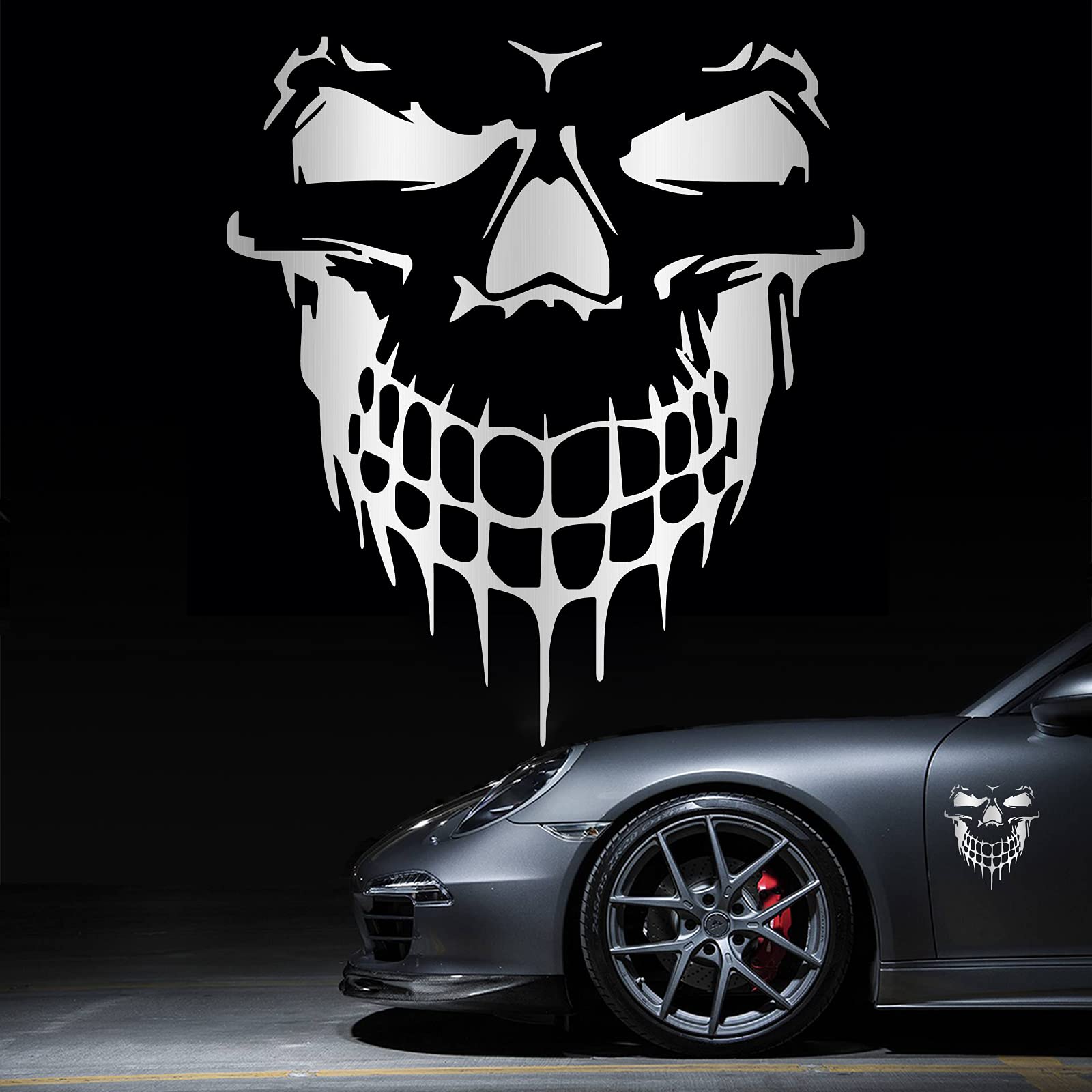 Hungmieh Skull Stickers And Decals For Car Windows, Doors, And Trucks - 3D Laser Cut Skull Bumper Stickers, Brushed Silver, 10''