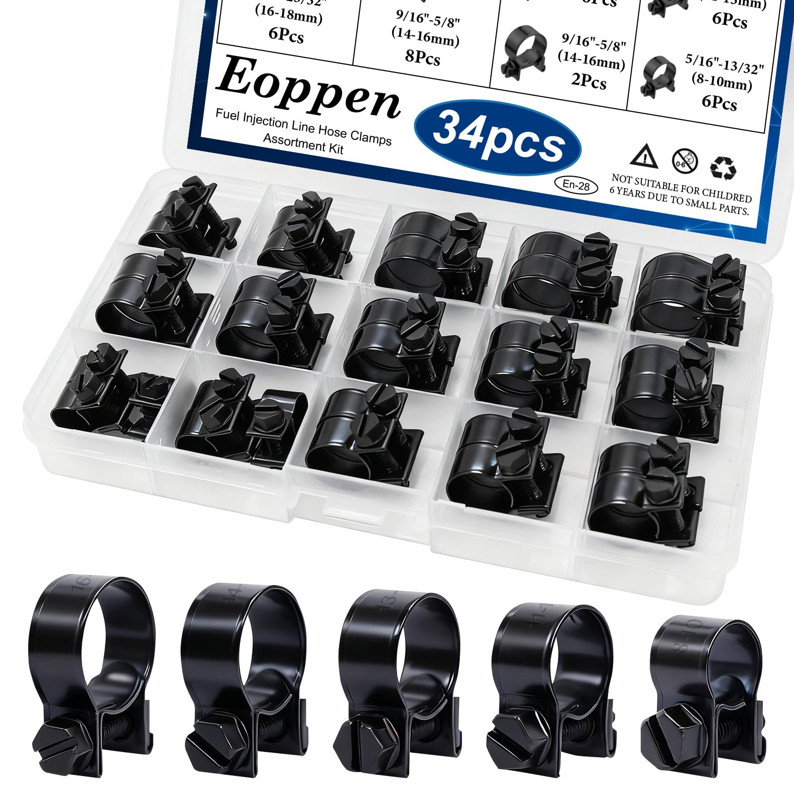 Eoppen 34Pcs 5 Sizes 8-18mm Fuel Line Clamp Assortment Kit, 1/4Inch 5/16Inch 3/8Inch Black Fuel Injection Gas Line Hose Clamps f