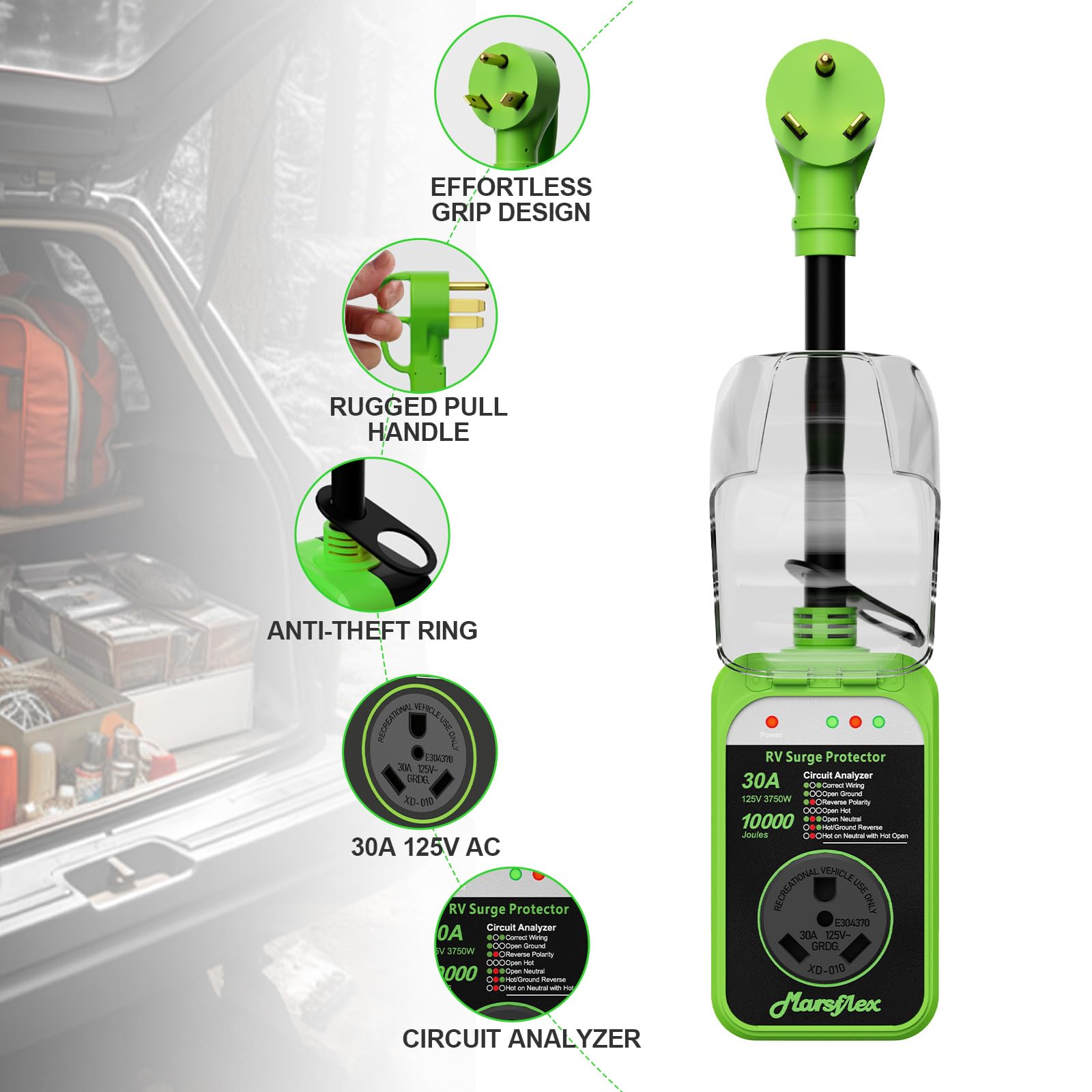 Marsflex Rv Surge Protector, 30Amp Rv Circuit Analyzer, 10000 Joules Surge Protection With Waterproof Cover, Led Display, Rv Vol