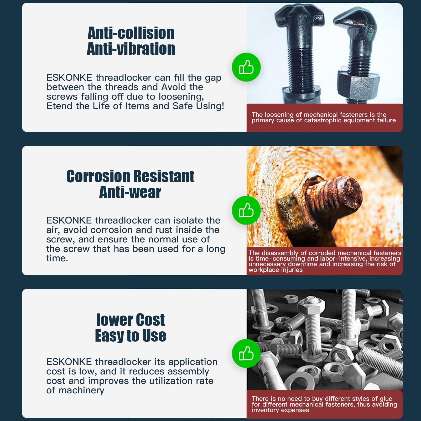 Eskonke 3 Pack Thread Locker Blue 243 + Red 271 Removable & Permanent Locking 5.07 Fl Oz Nuts Bolts Threadlocker Seal & Lock Tig