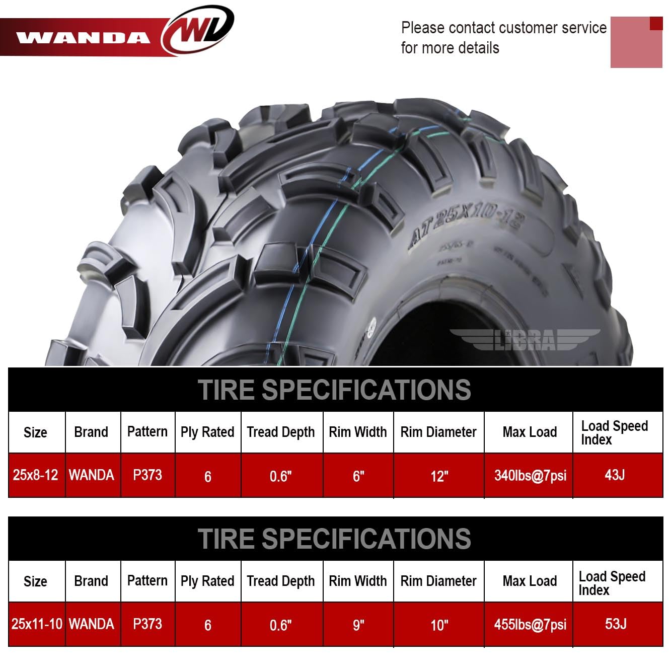 Wanda Utv Atv Tires 25X8-12 Front & 25X11-10 Rear /6Pr P373 Lit Mud