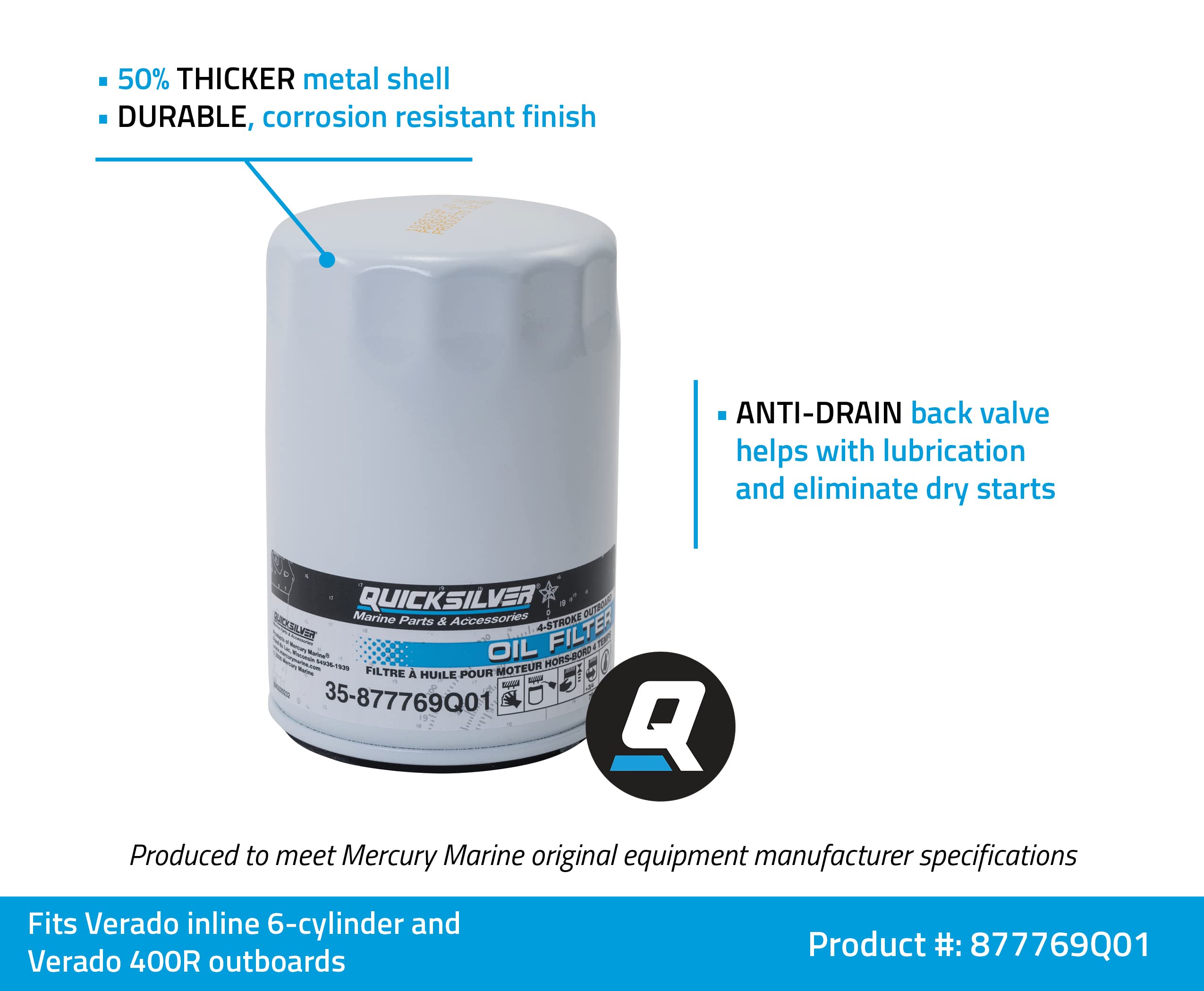 Quicksilver 877769Q01 Oil Filter For Mercury Verado Six-Cylinder Outboards
