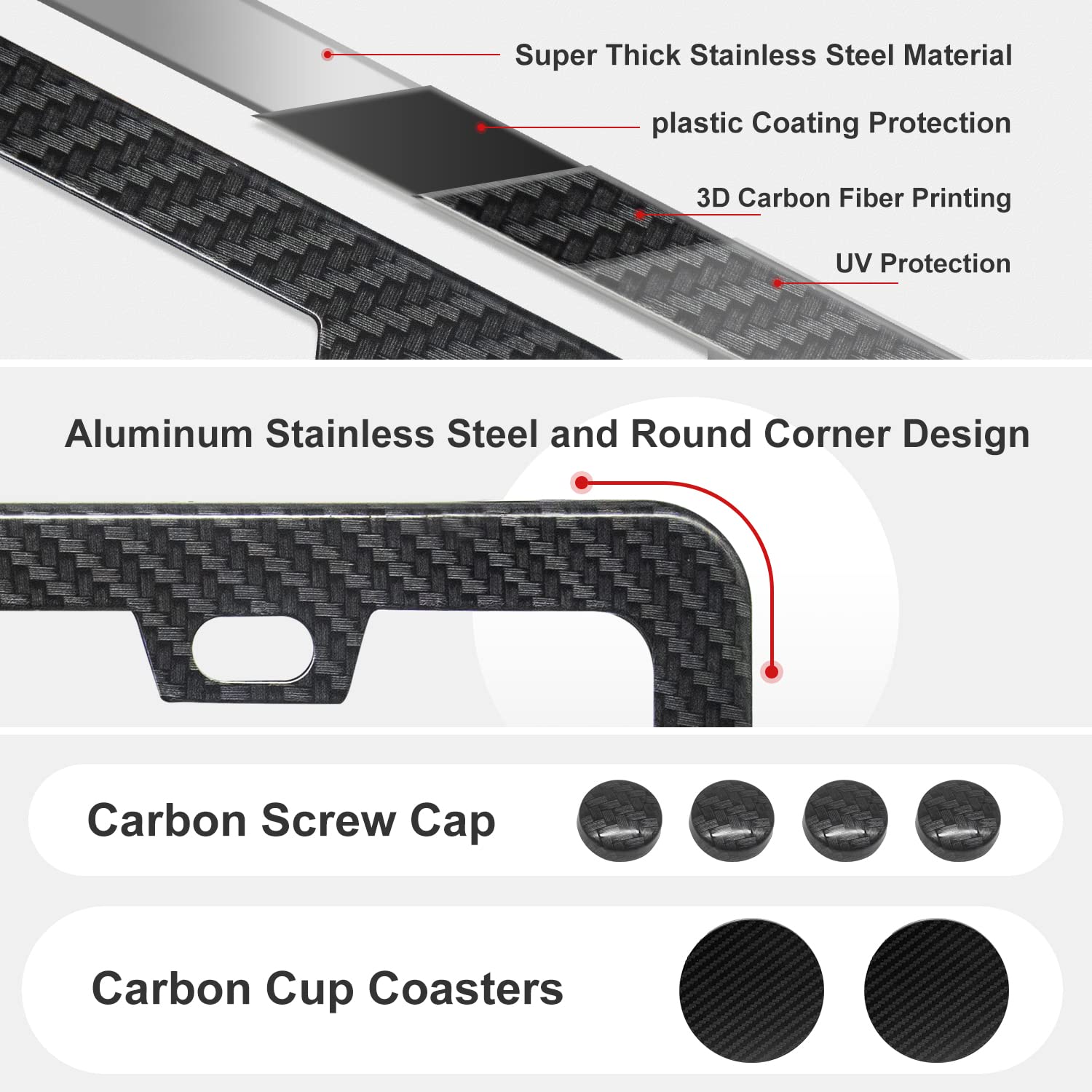 Limsas Carbon Fiber License Plate Frames Black, 2 Pack Car Plate Frame With Coasters Front And Rear Slim Thin Rust-Proof Univers