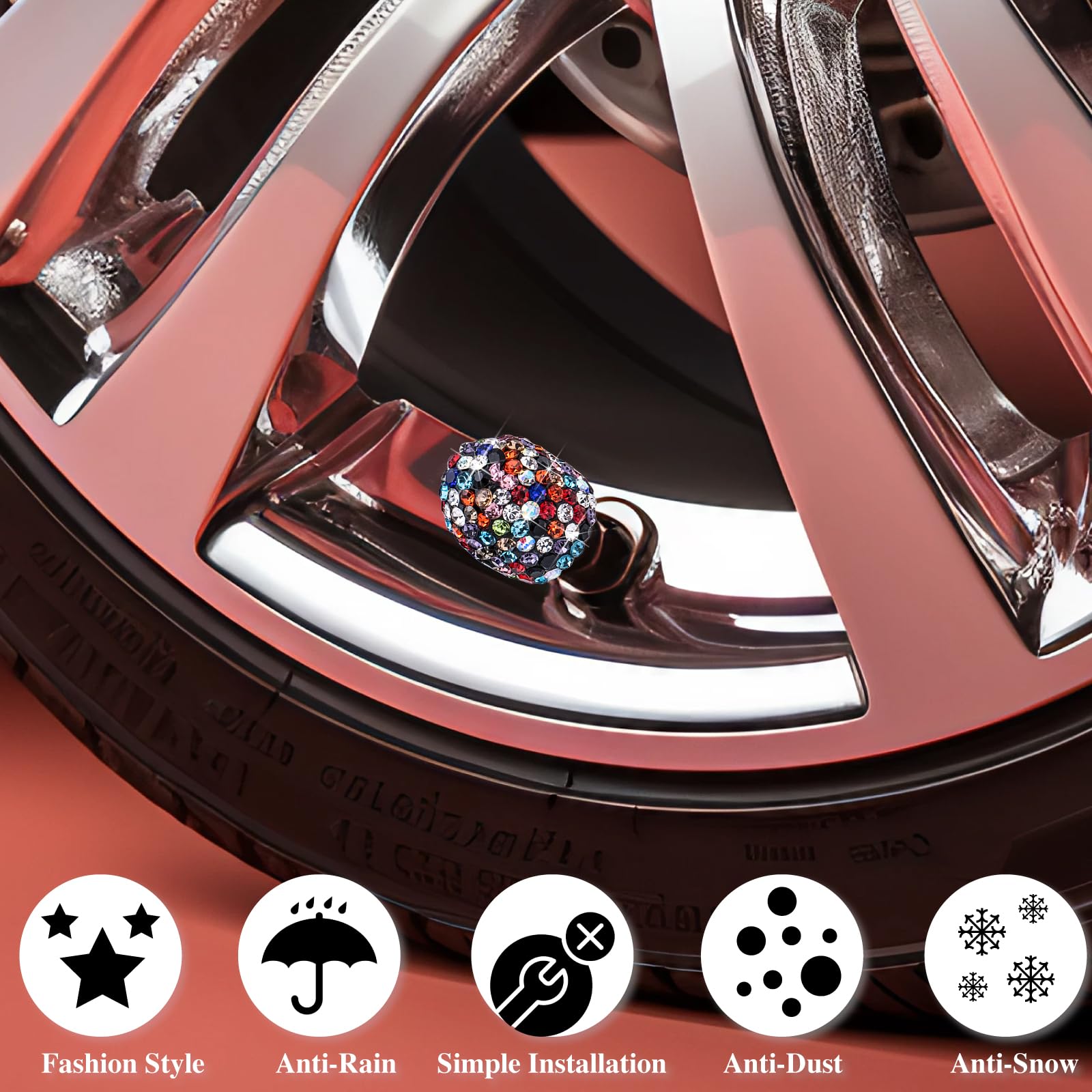 Meajoo 4Pcs Bling Crystal Diamond Tire Stem Valve Caps, Dustproof Car Wheel Tire Valve Caps Universal Tire Valve Stem Covers For