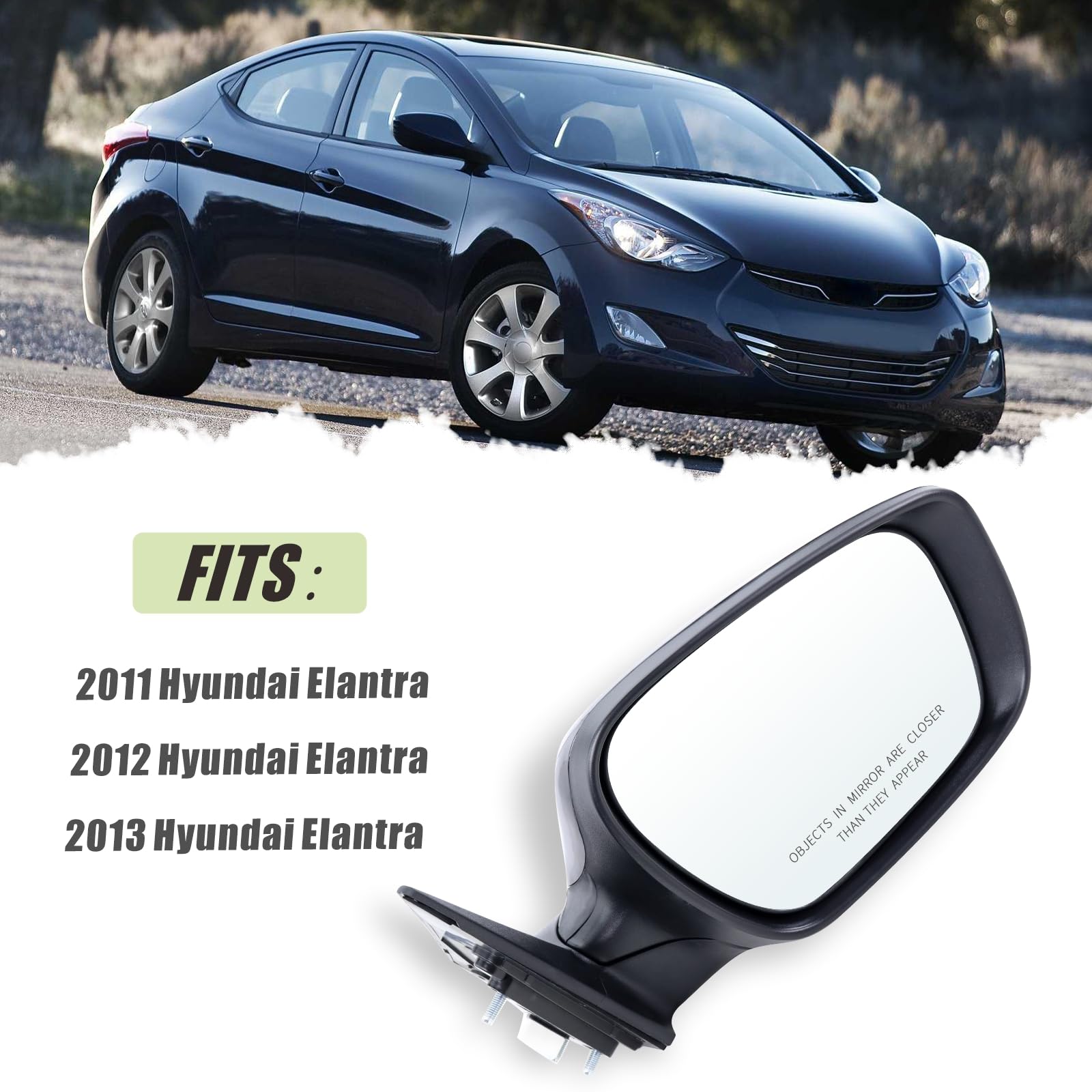 Right Passenger Side Mirror Compatible With 2011 2012 2013 Hyundai Elantra With Manual folding Power Glass Heated Black Replace#