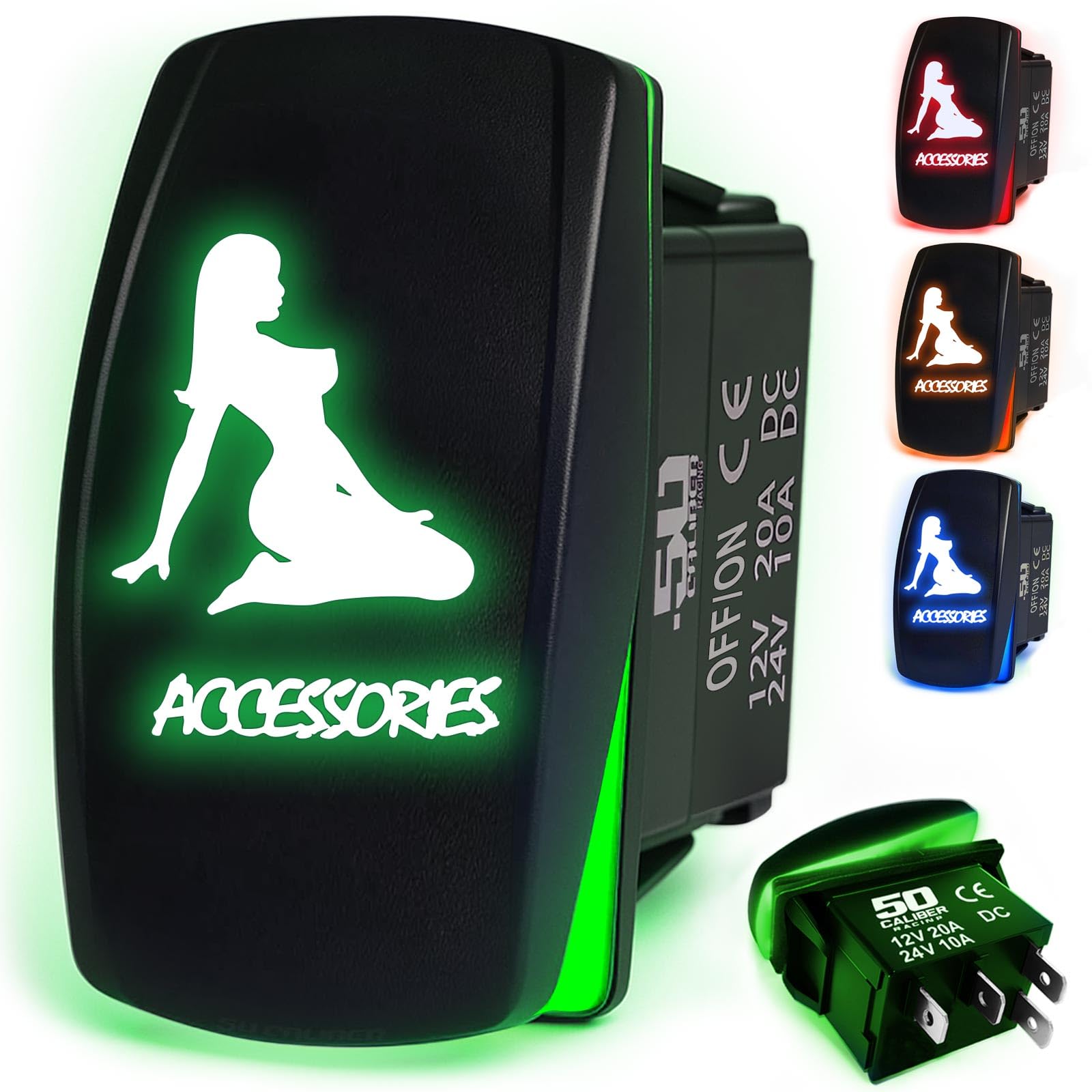 50 Caliber Racing Rocker Switch On/Off Led Backlit -Accessories Green- Utv, Auto, Boat 20A 12V [5362A22 Green]