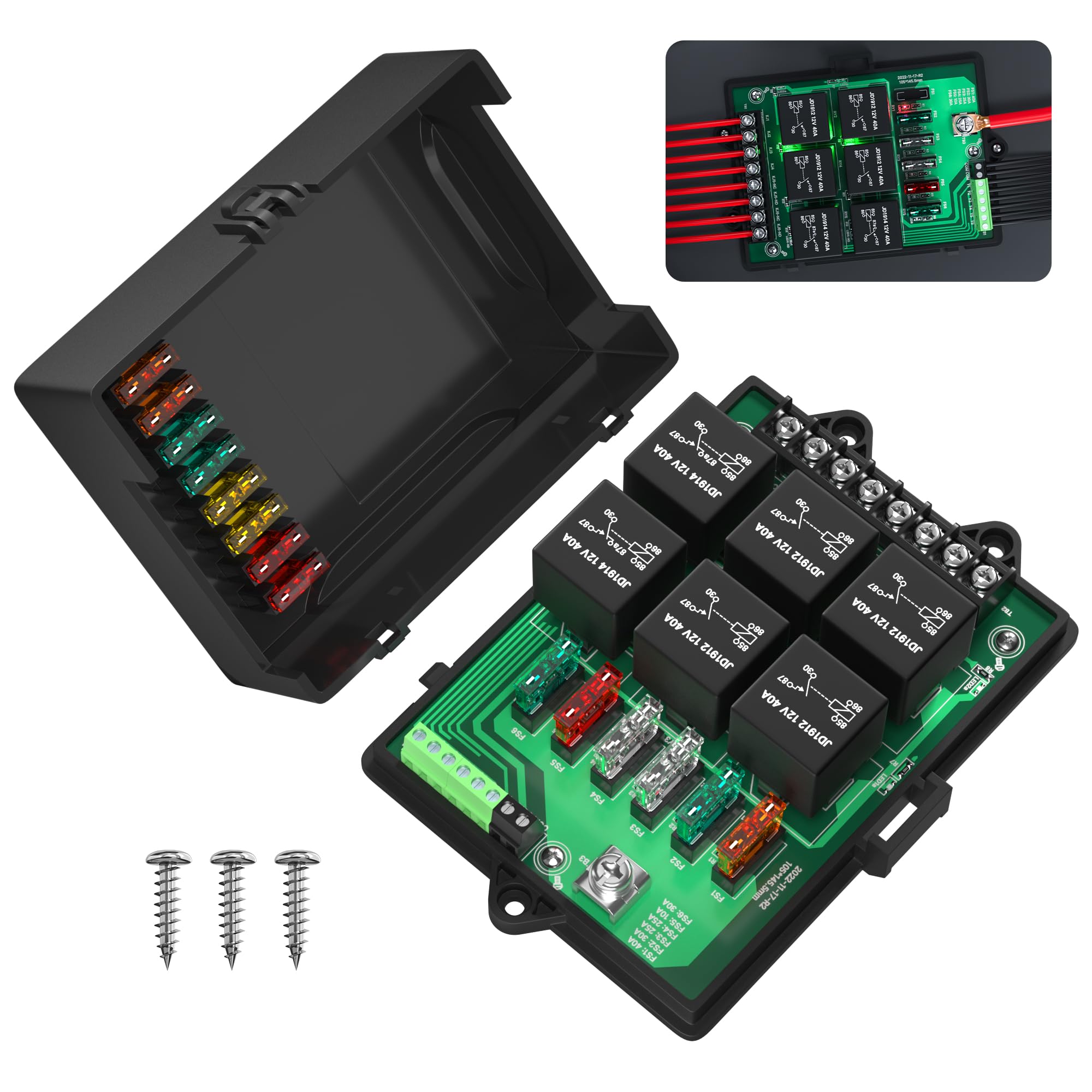 Joinfworld Relay Box Fuse Relay Box 12V Automotive Universal Fuse Panel With 6 Way Relays And 14 X Atc/Ato Blade Fuses 12 Volt F