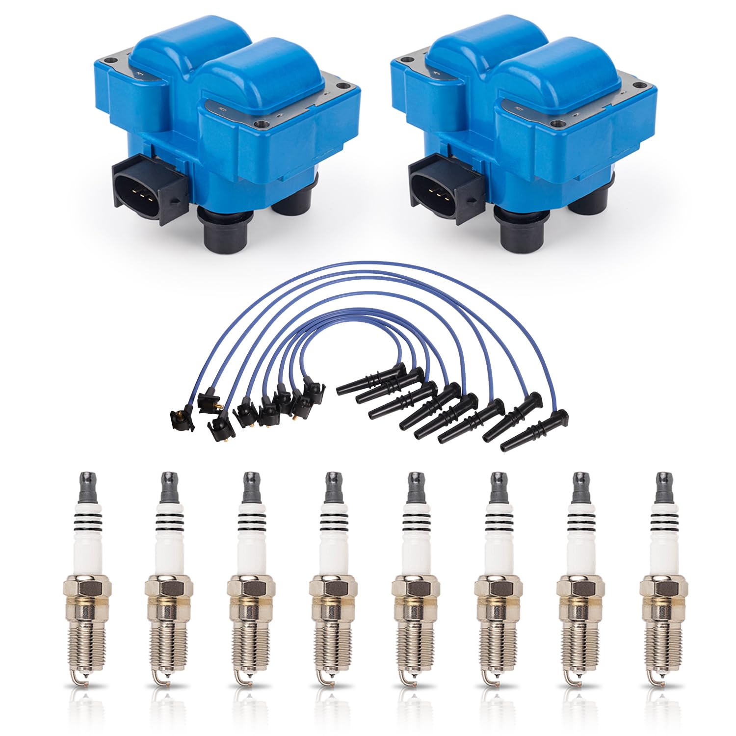 ENA Set of 2 Blue Ignition Coil with 8 Platinum Spark Plug and Blue Wire Set Compatible with Ford Crown Victoria E-150 F-150 F-2