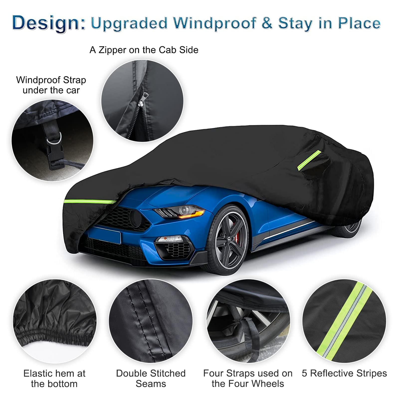 For Mustang Full Car Cover Waterproof All Weather, Outdoor Car Covers With Soft Cotton Lining Windproof Heavy Duty Protection Compatible With 1994-2023 Mustang Gt/Shelby/Cobra/Bullitt/Ecoboost