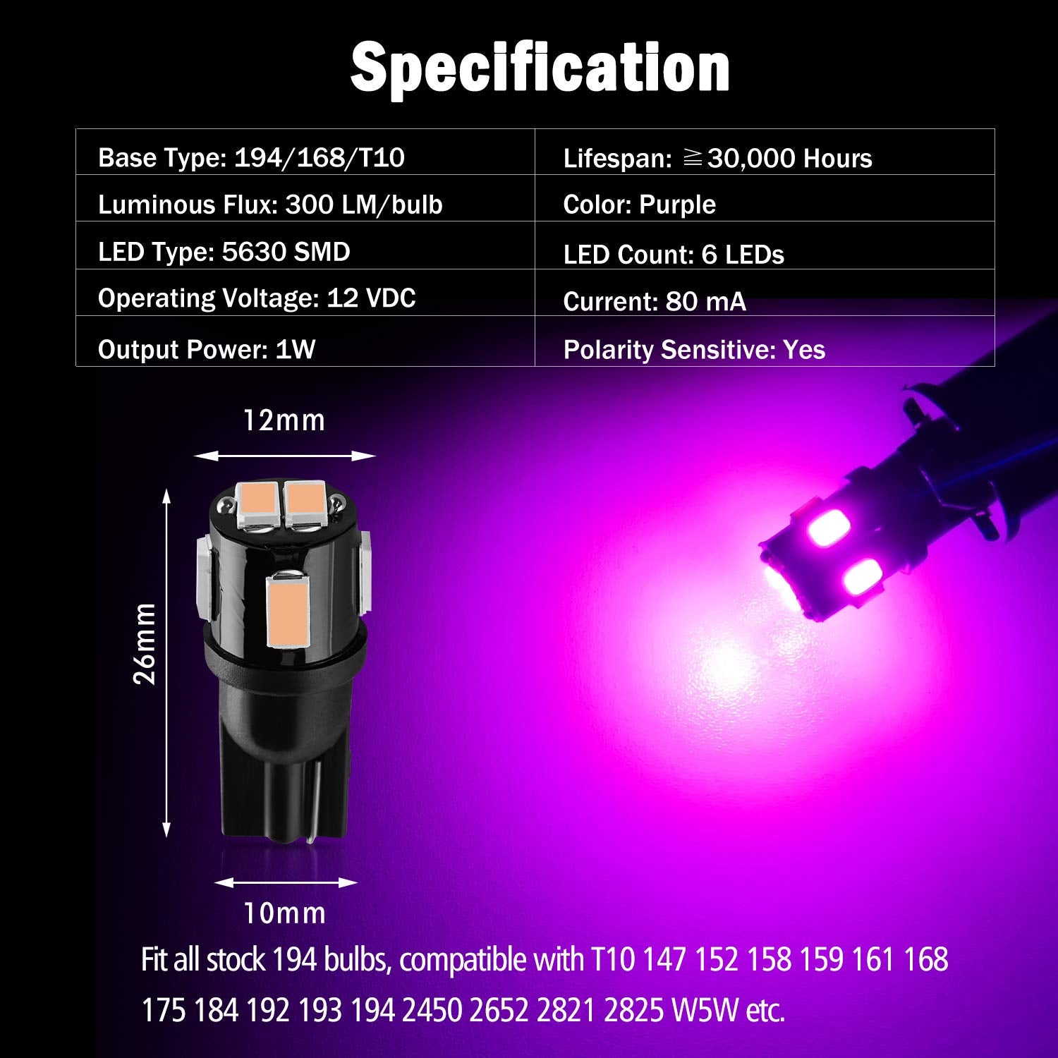 Brishine 194 Led Bulbs Extremely Bright Purple 5630 Chipsets 168 2825 175 T19 W5W Led Replacement Bulbs For Car Interior Dome Ma