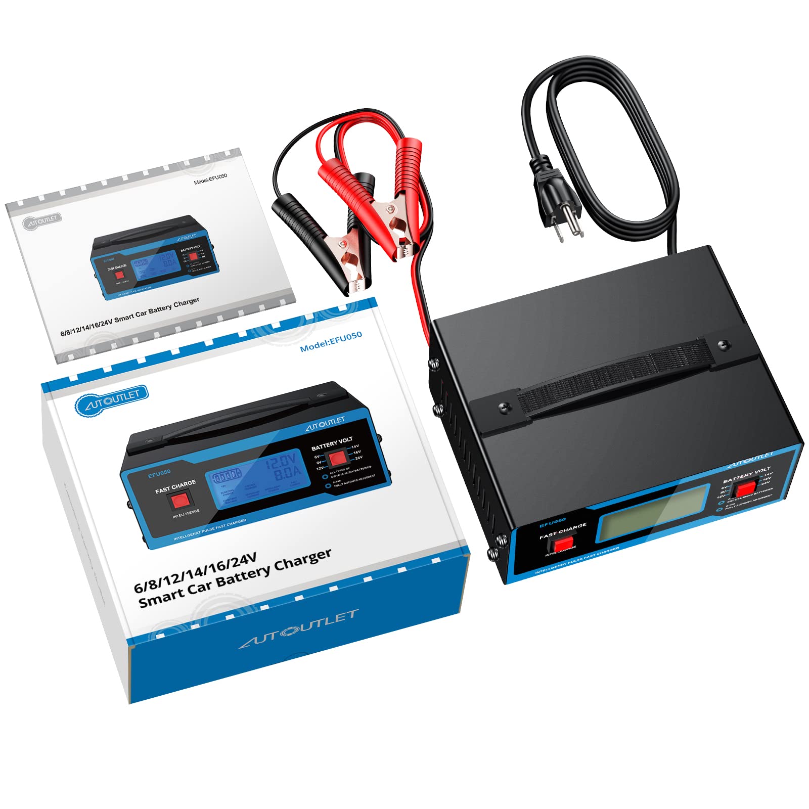 Autoutlet 8 Volt Battery Charger Automotive Battery Charger And Maintainer 0-10A With Upgraded Cable Clamps For 6/8/12/14/16/24V Lead-Acid Batteries