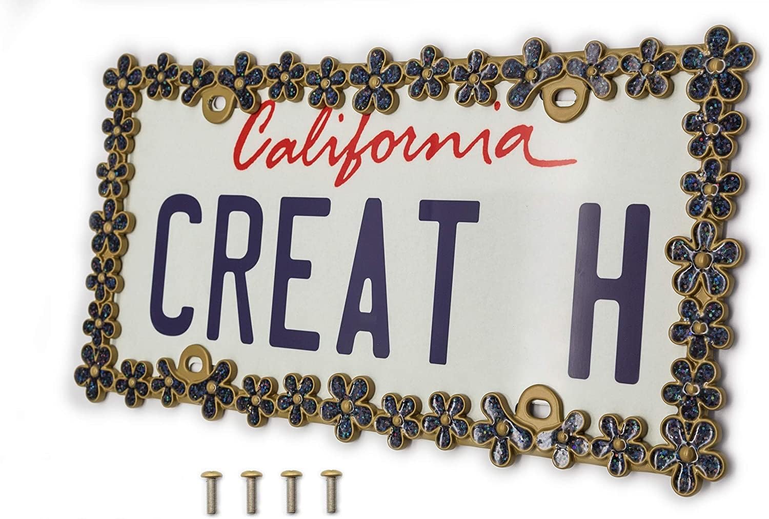 Creathome 3D Shining Daisy Wrenth License Plate Frame From Pure Zinc Alloy Metal Perfect Plate Holder,Matt Gold With Black Glitt