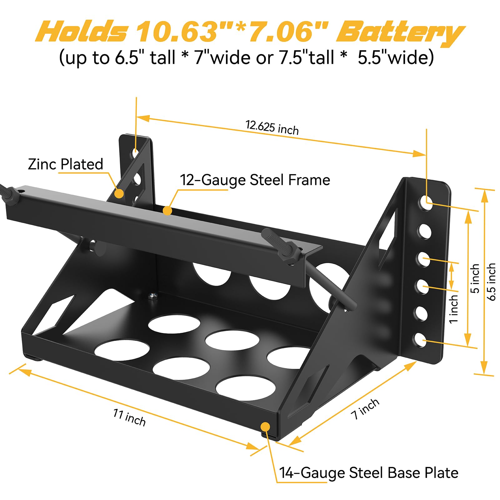 Metal Steel Battery Mounting Box Tray Bracket DIY,Easy Bolt-In Battery Tray,Overall Length - Fits up to a 10.63       7.06